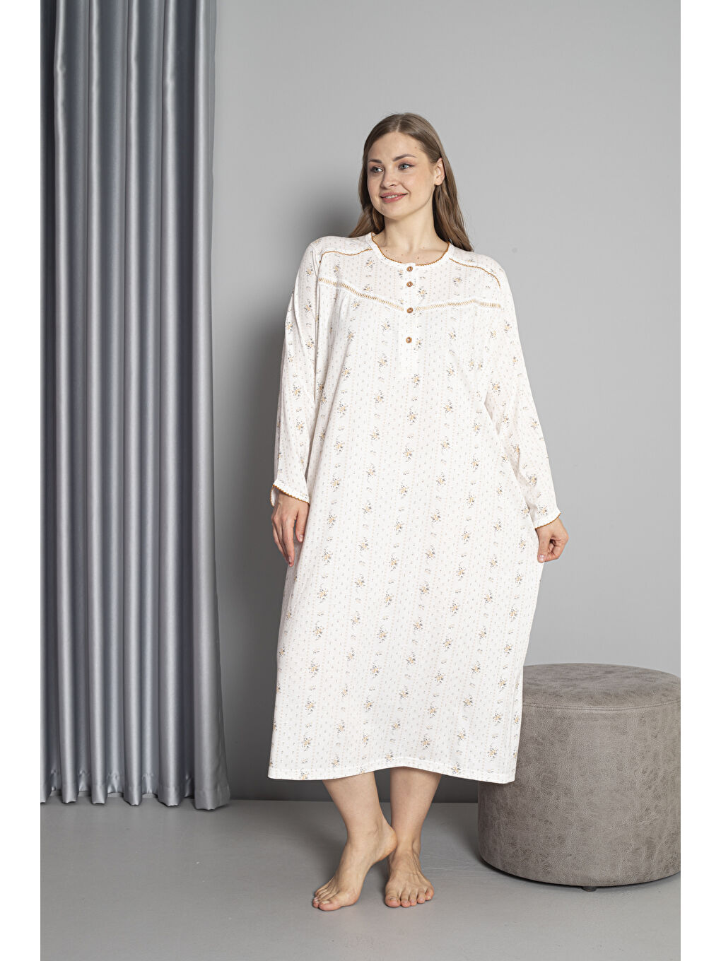 Kahverengi %100 Pamuklu Mevsimlik Uzun Kol Penye Büyük Beden Anne Geceliği 132-1