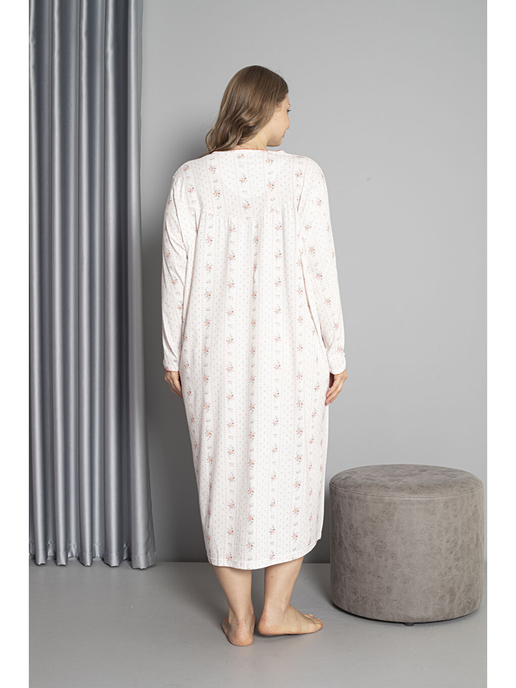 Kırmızı %100 Pamuklu Mevsimlik Uzun Kol Penye Büyük Beden Anne Geceliği 132-4