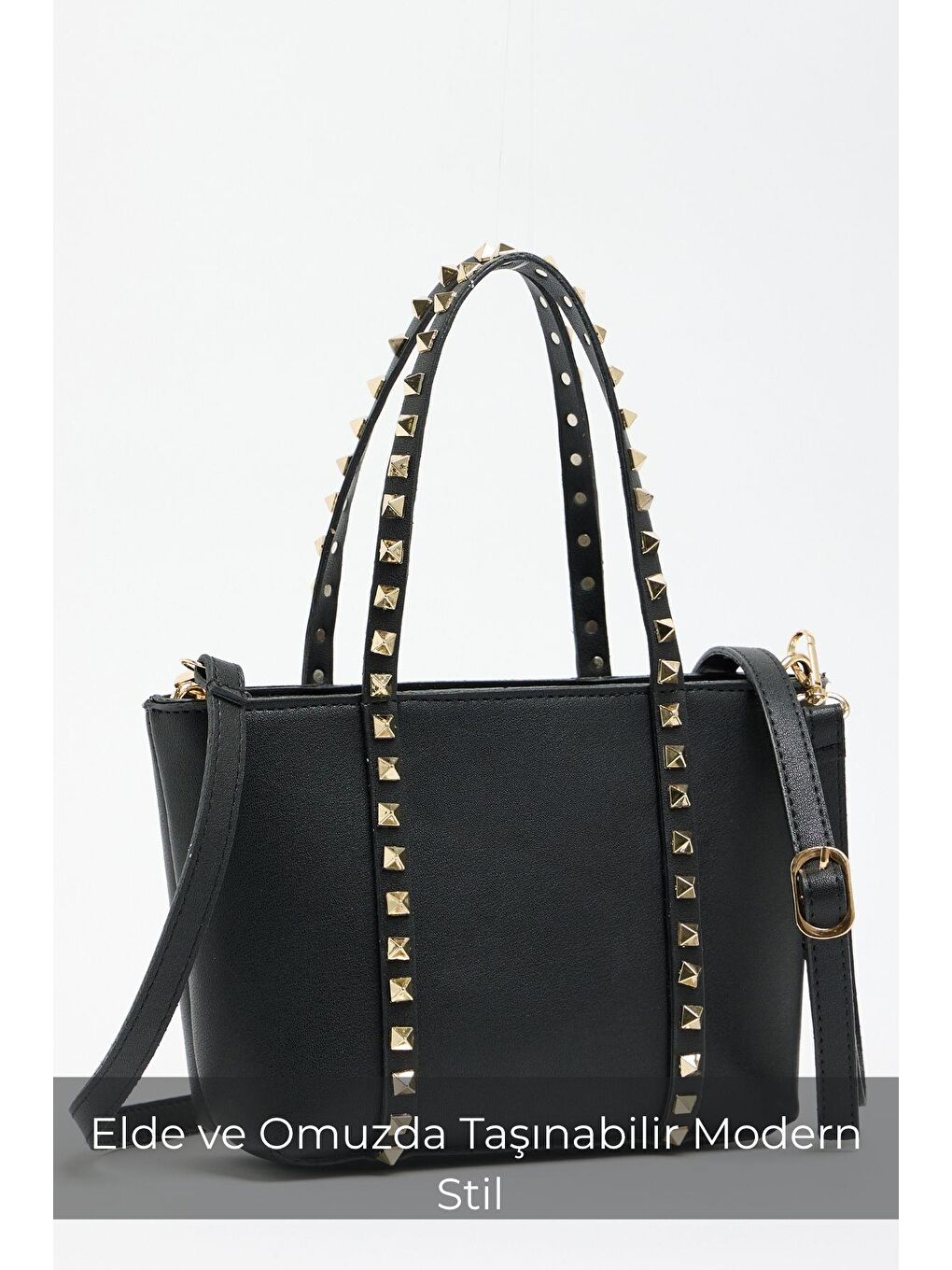Siyah Kadın Küçük Boy Zımba Detaylı Pu Deri Tokalı El Ve Omuz Çantası-4