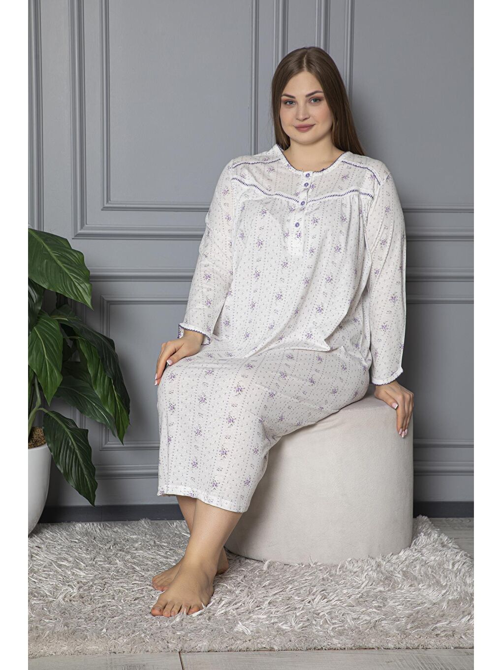 Lila %100 Pamuklu Mevsimlik Uzun Kol Penye Büyük Beden Anne Geceliği 132-1