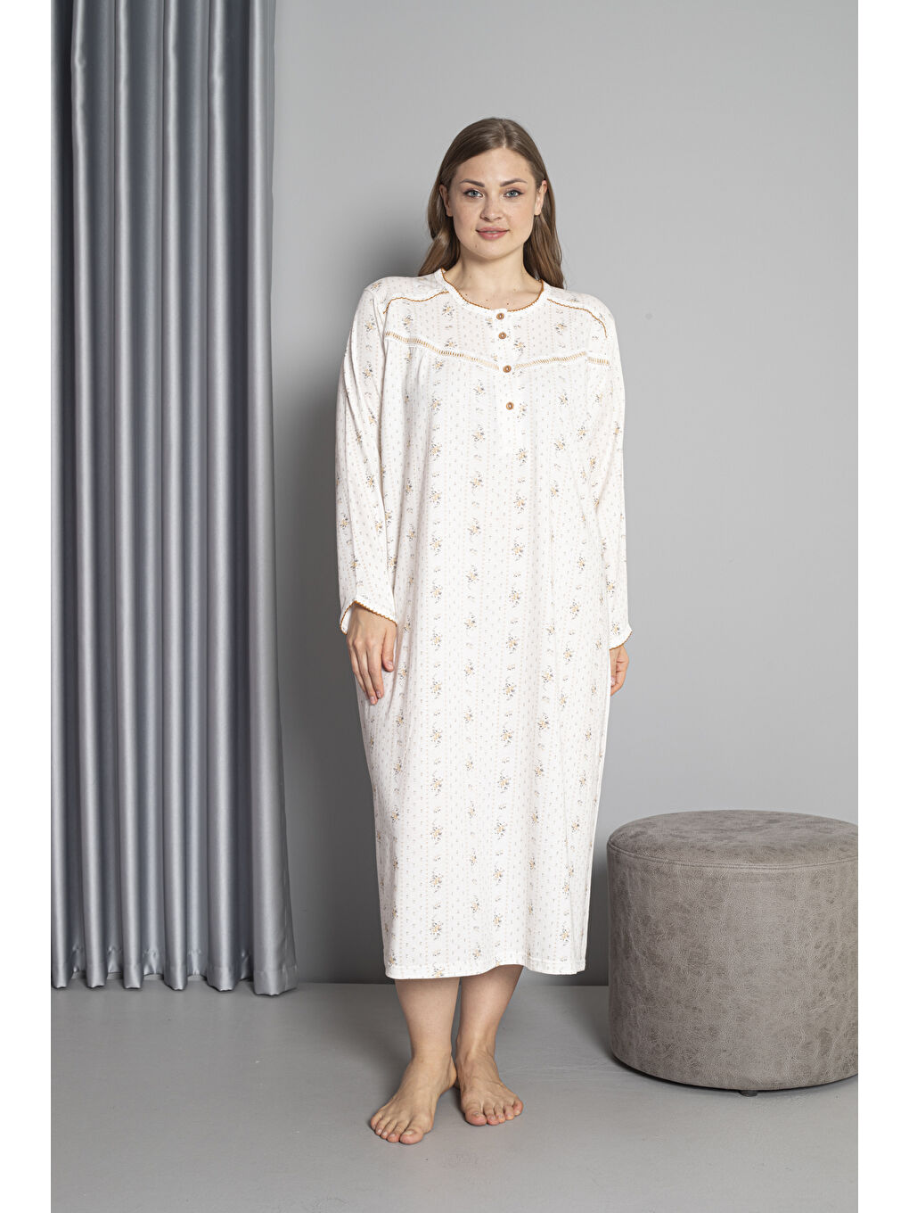 Kahverengi %100 Pamuklu Mevsimlik Uzun Kol Penye Büyük Beden Anne Geceliği 132-2