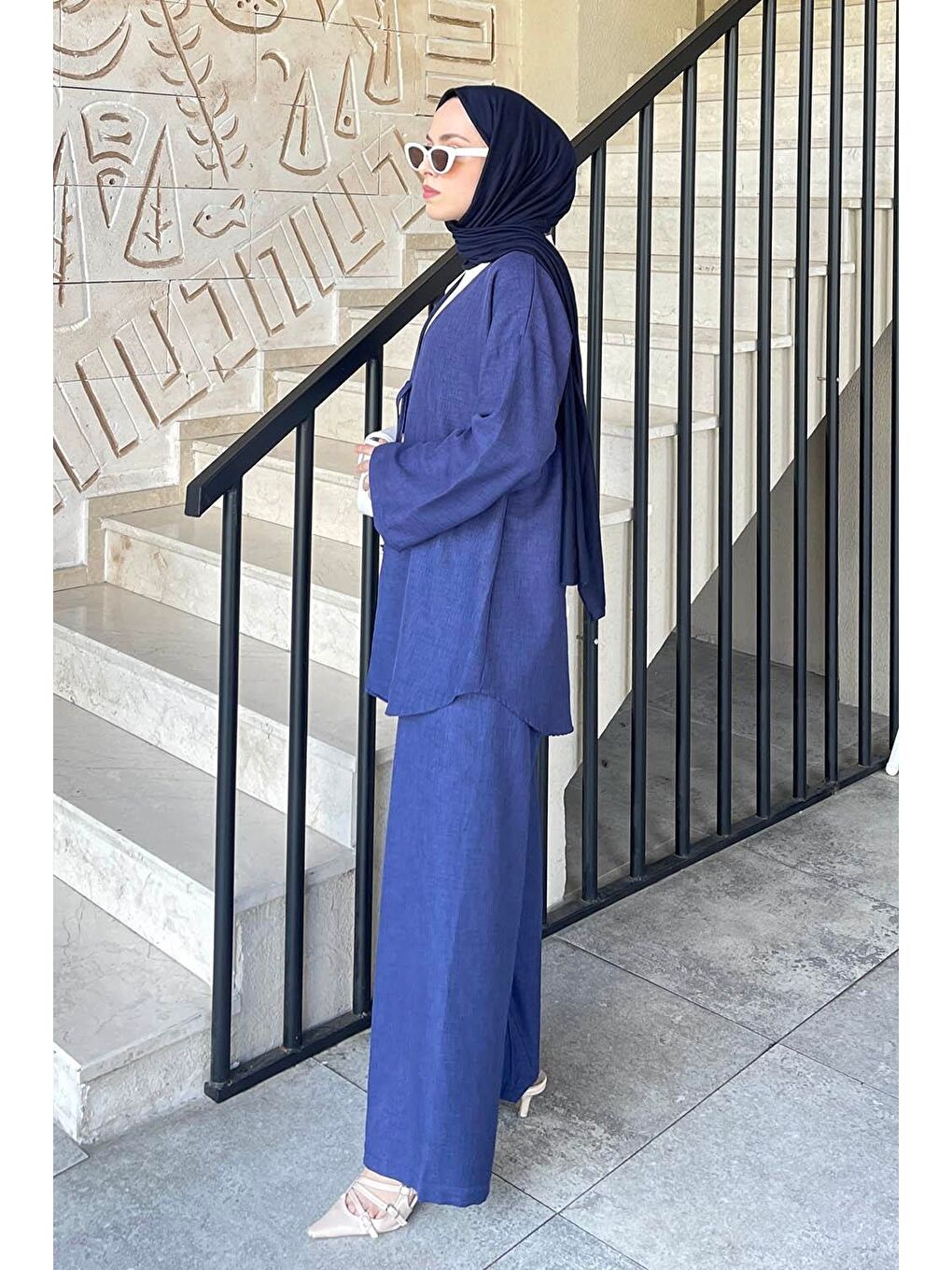 Ön Çift Bağcık Detaylı Kimono Tesettür Takım Lacivert-1