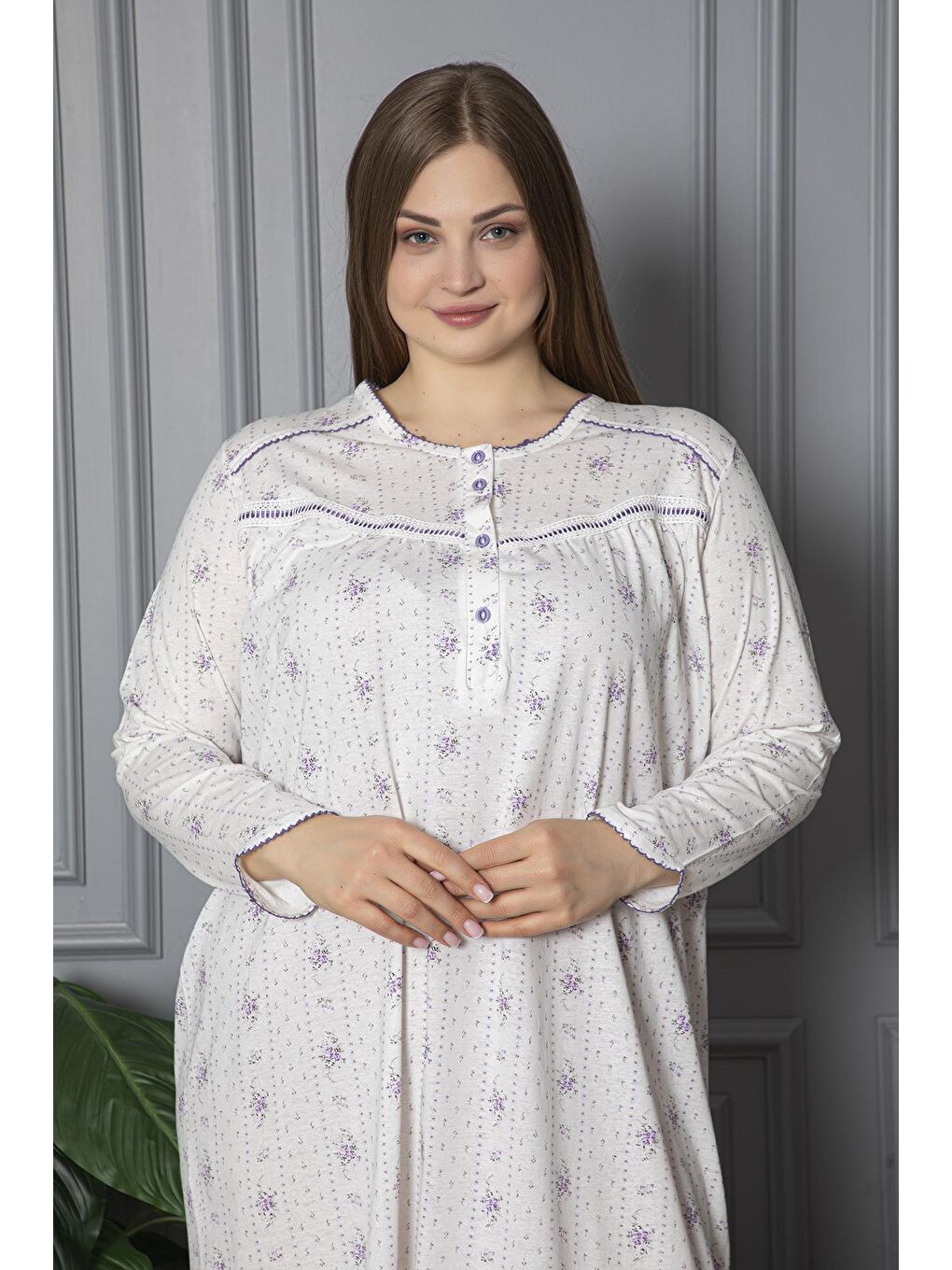 Lila %100 Pamuklu Mevsimlik Uzun Kol Penye Büyük Beden Anne Geceliği 132-2