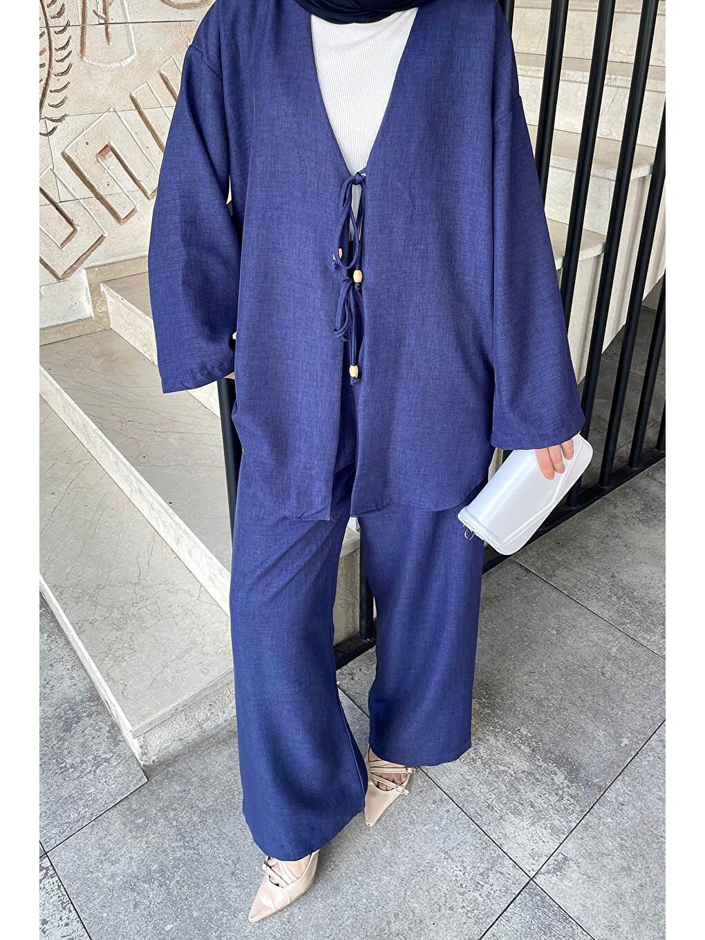 Ön Çift Bağcık Detaylı Kimono Tesettür Takım Lacivert-2