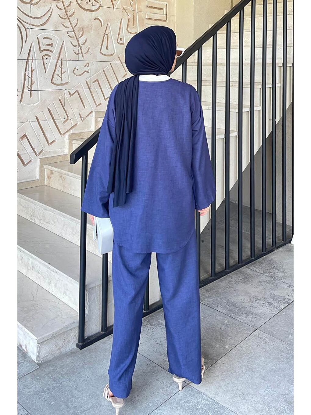 Ön Çift Bağcık Detaylı Kimono Tesettür Takım Lacivert-3