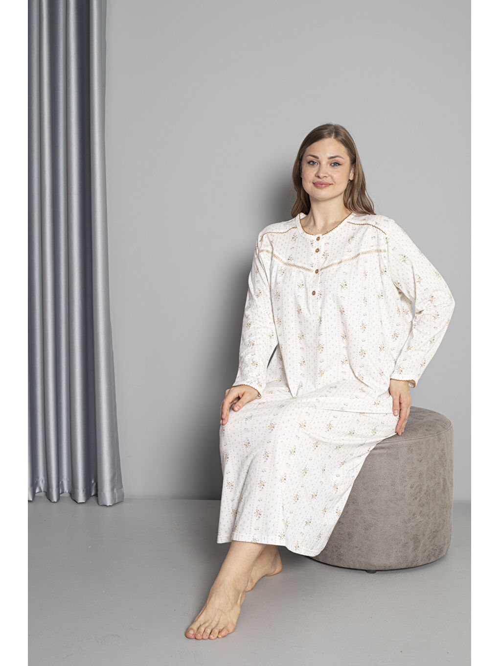 Kahverengi %100 Pamuklu Mevsimlik Uzun Kol Penye Büyük Beden Anne Geceliği 132-3