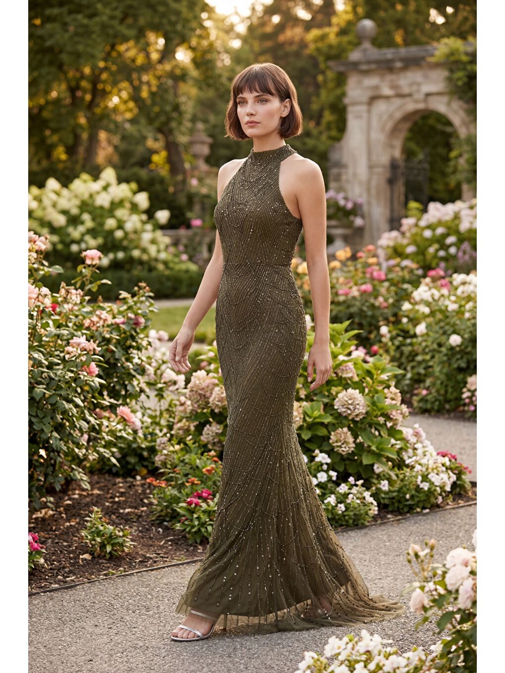 Kadın Haki Dar Kalıp Halter Yaka Taşlı Uzun Balık Abiye Elbise-4