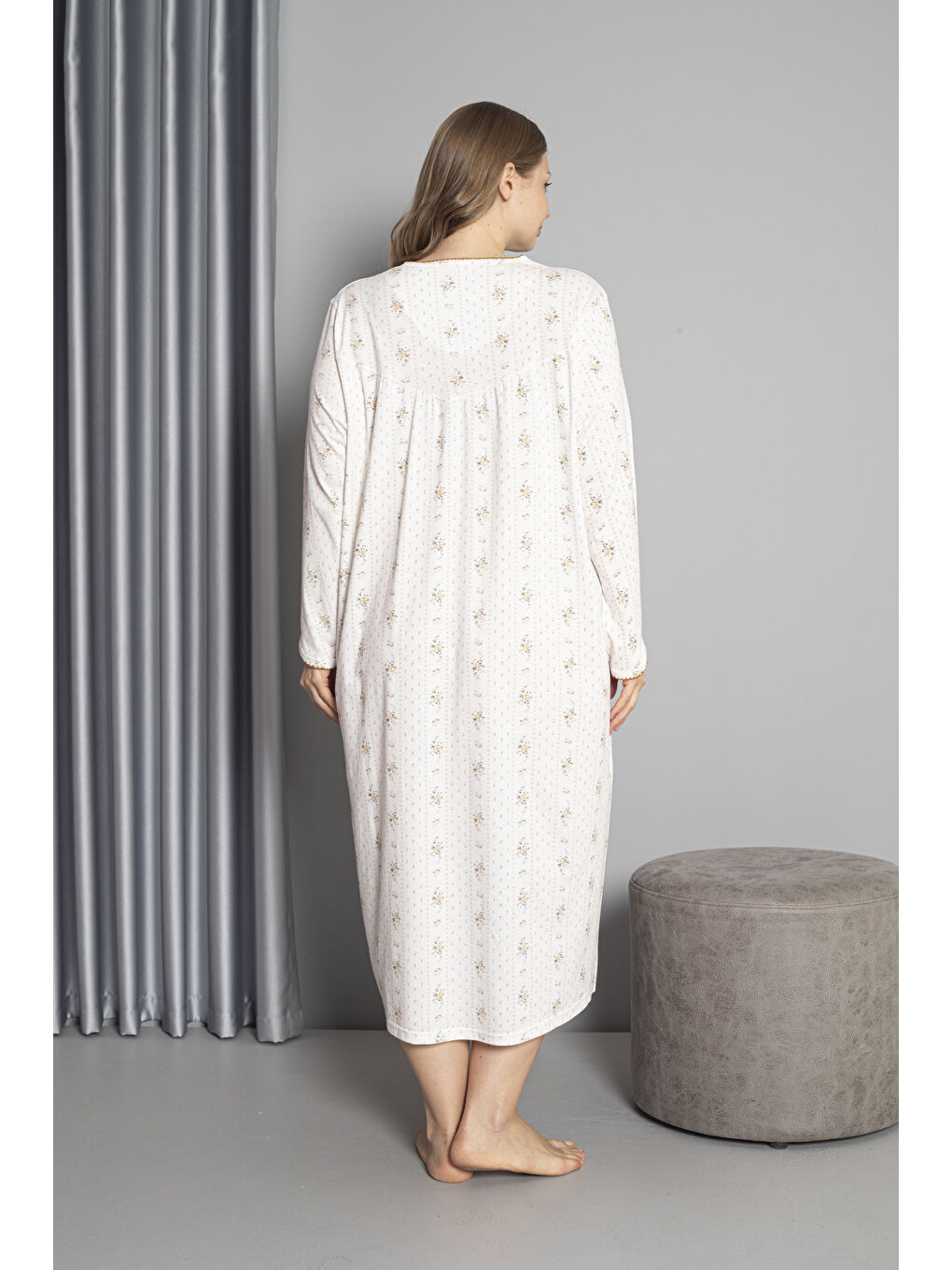 Kahverengi %100 Pamuklu Mevsimlik Uzun Kol Penye Büyük Beden Anne Geceliği 132-4