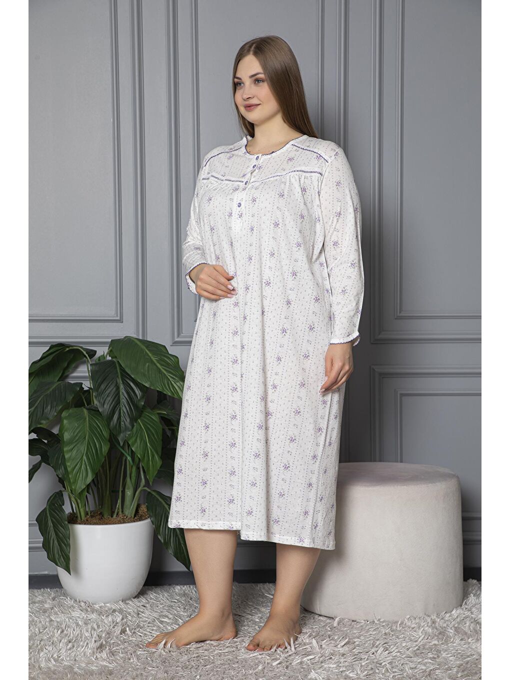 Lila %100 Pamuklu Mevsimlik Uzun Kol Penye Büyük Beden Anne Geceliği 132-3