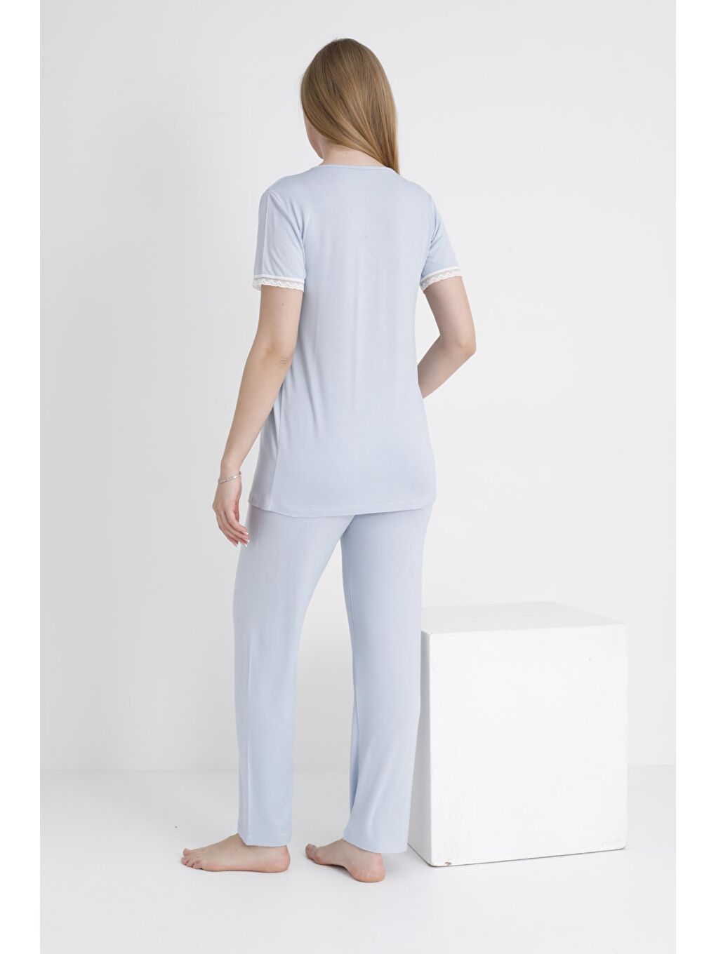 Bebe Mavisi Dantel Şeritli V Yaka Sabahlıklı Hamile ve Lohusa Pijama Takımı-5