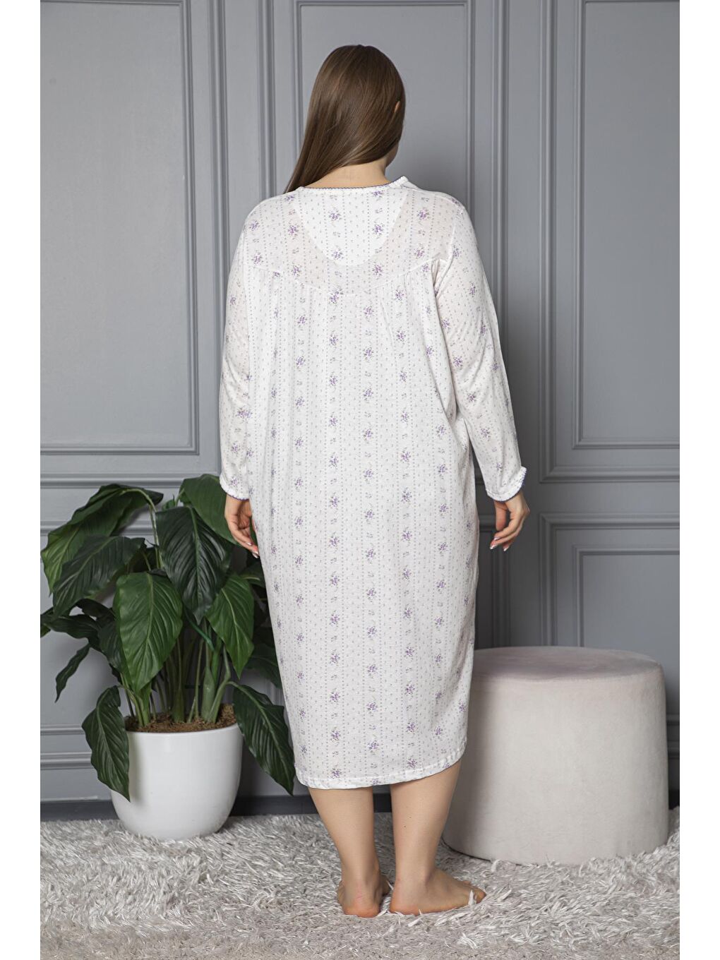 Lila %100 Pamuklu Mevsimlik Uzun Kol Penye Büyük Beden Anne Geceliği 132-4