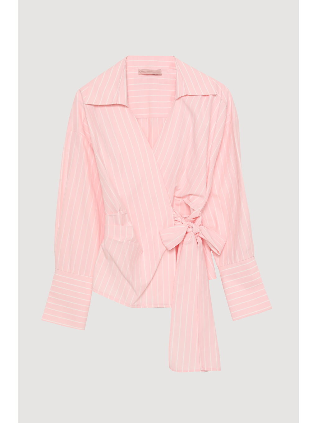 Kruvaze Bağlamalı Çizgili Bluz Pembe-1