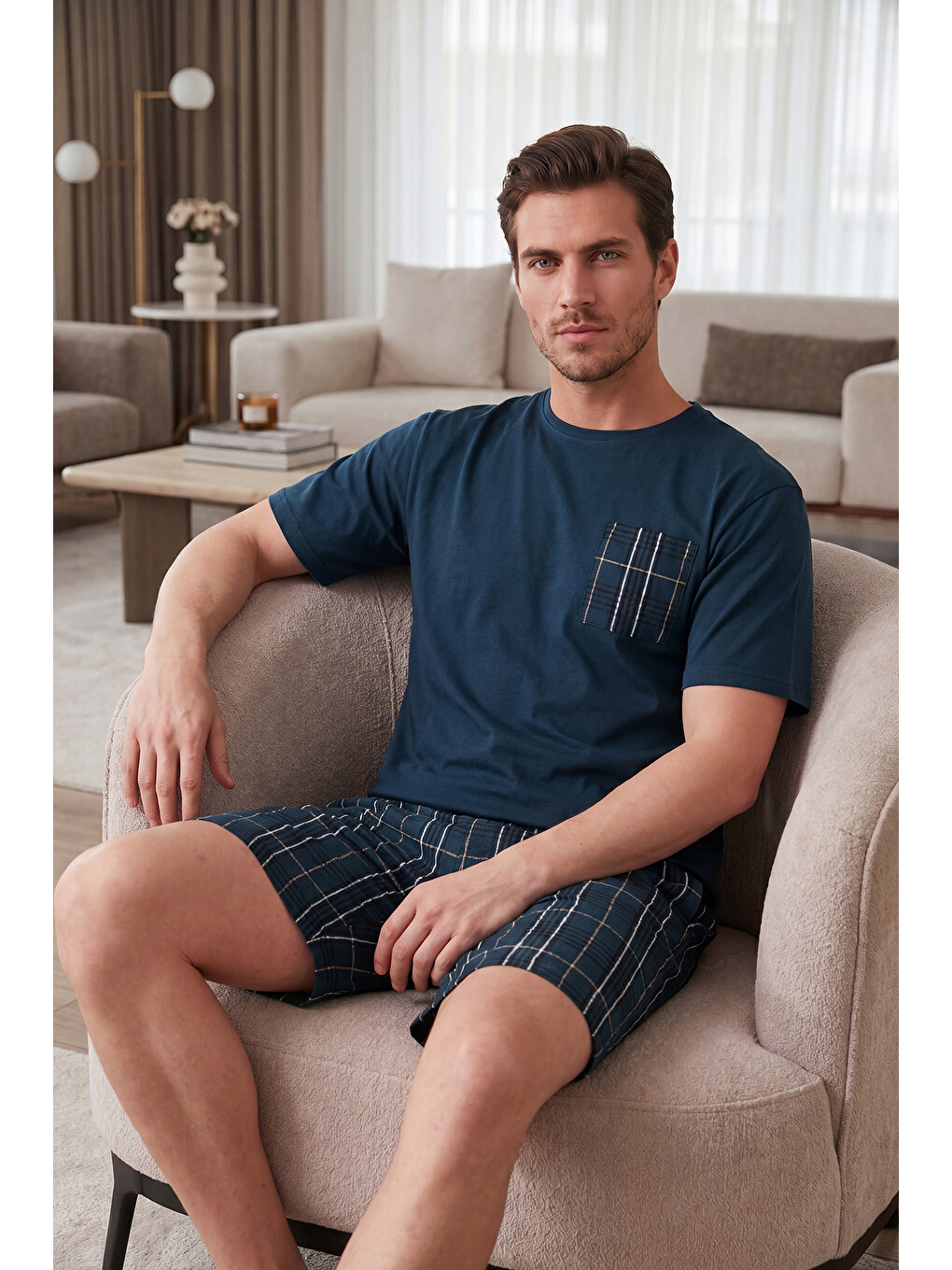 Lacivert Kareli Pamuklu Regular Fit Şortlu Pijama Takımı 6572021