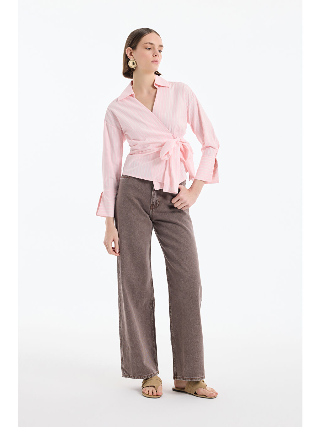 Kruvaze Bağlamalı Çizgili Bluz Pembe-2