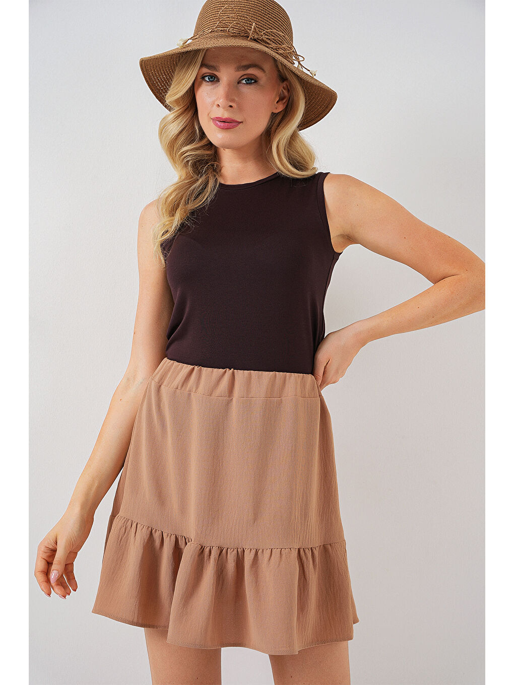 Sarı Kadın Ayrobin Mini Etek 8054 - Camel