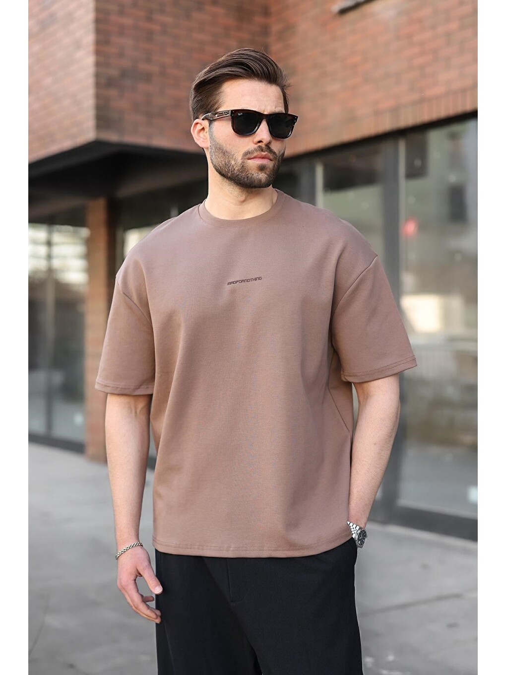 Kahverengi Bisiklet Yaka Oversize Erkek Tişört E7176-3