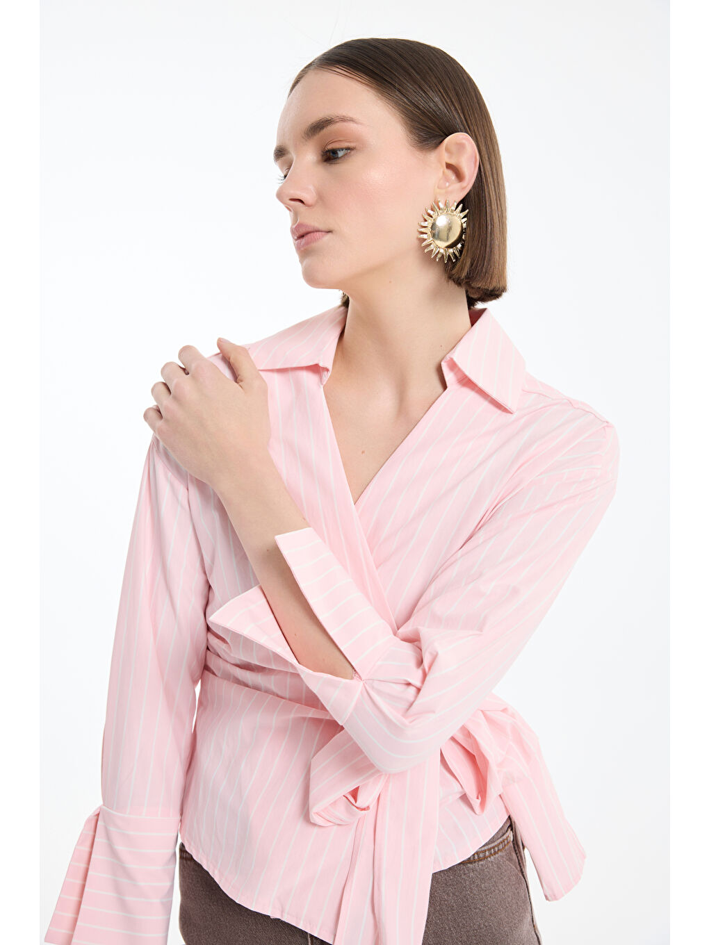 Kruvaze Bağlamalı Çizgili Bluz Pembe-3