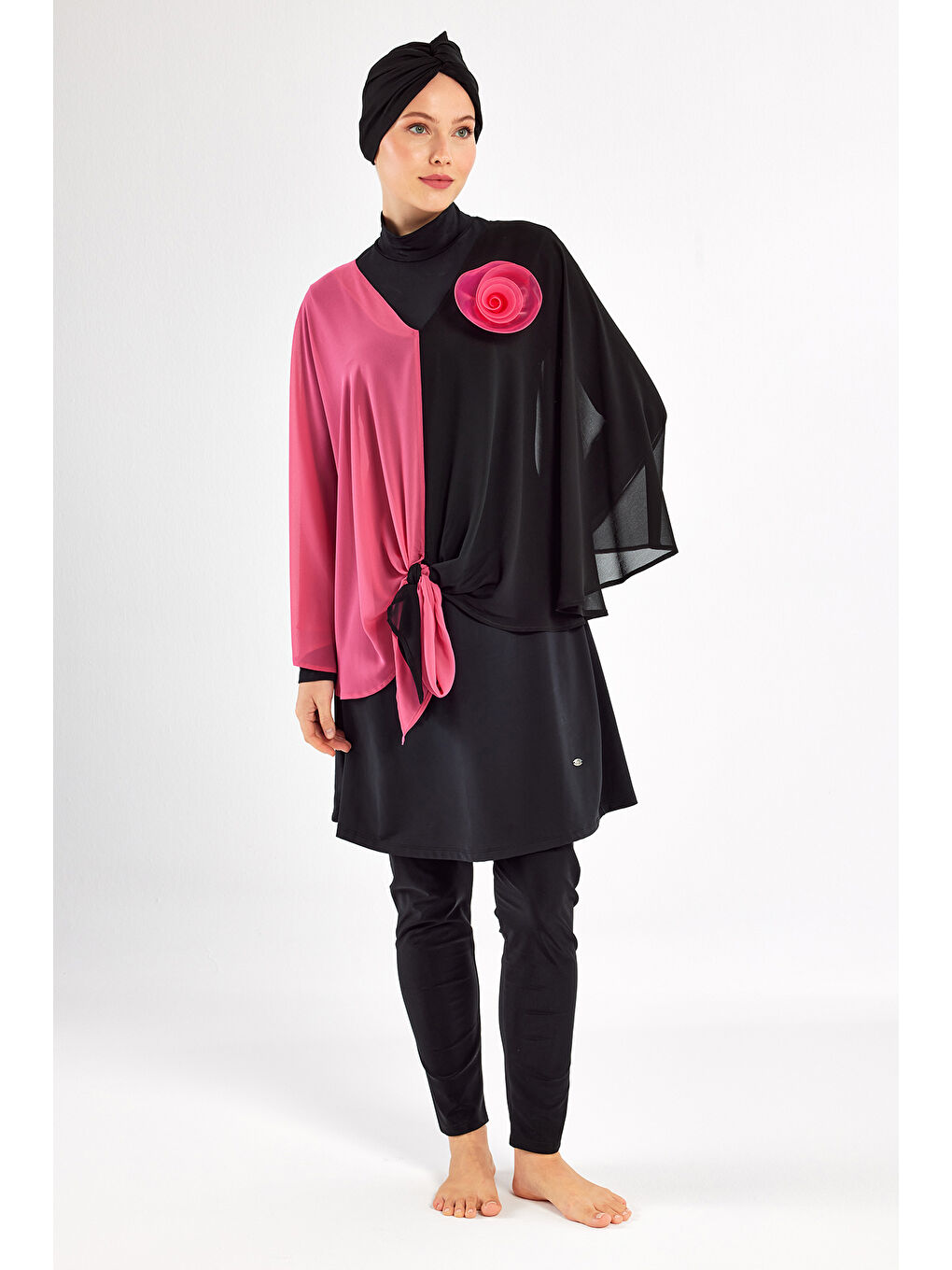 3 lü Pareolu Elastanlı Tam Kapalı Tesettür Mayo Elfie 1127 Siyah-4