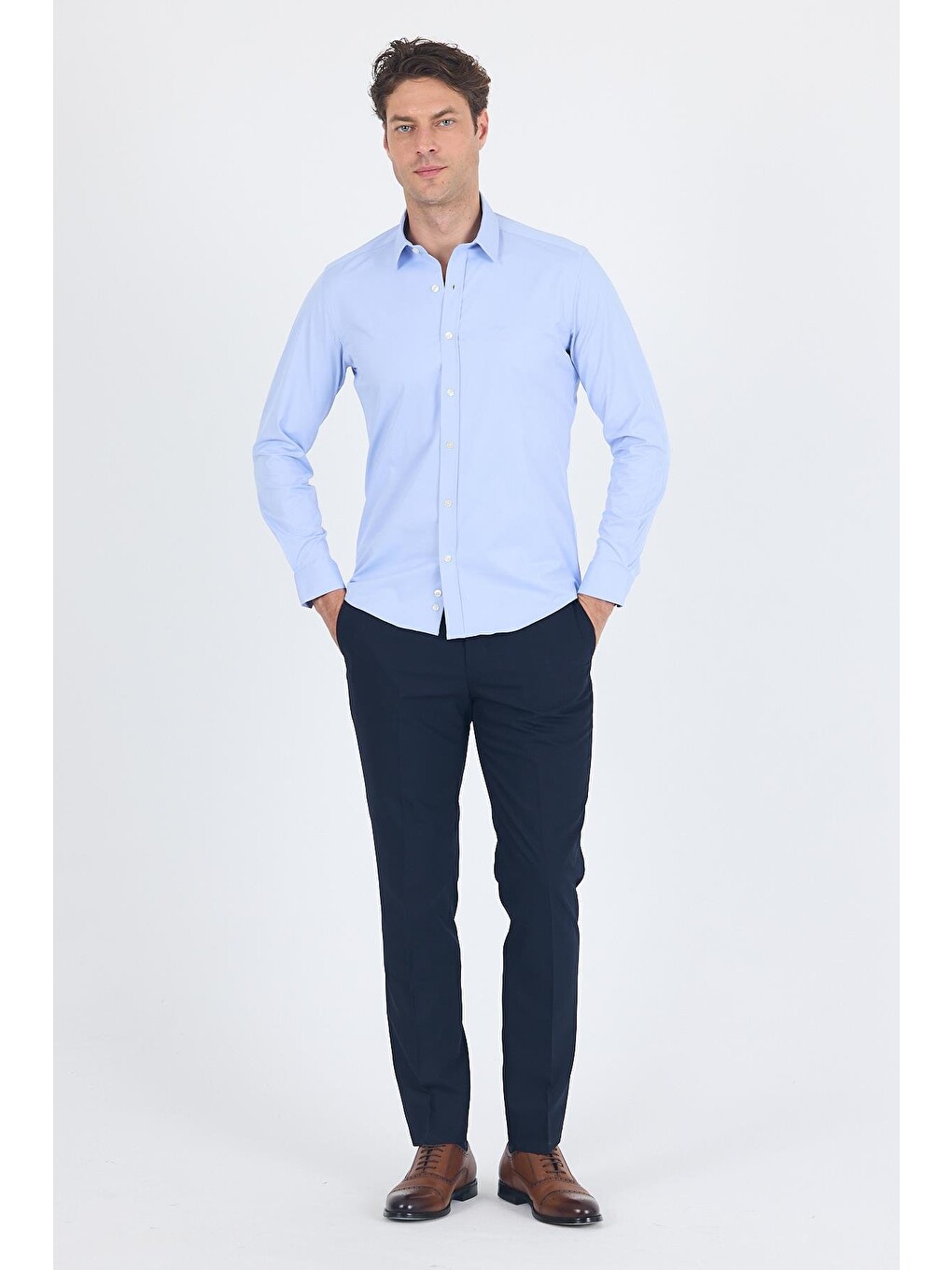 Mavi Uzun Kol Düz Bez Ayağı Sert Yaka Cepsiz Pamuklu Classic Slim Fit Gömlek 1004250211-1