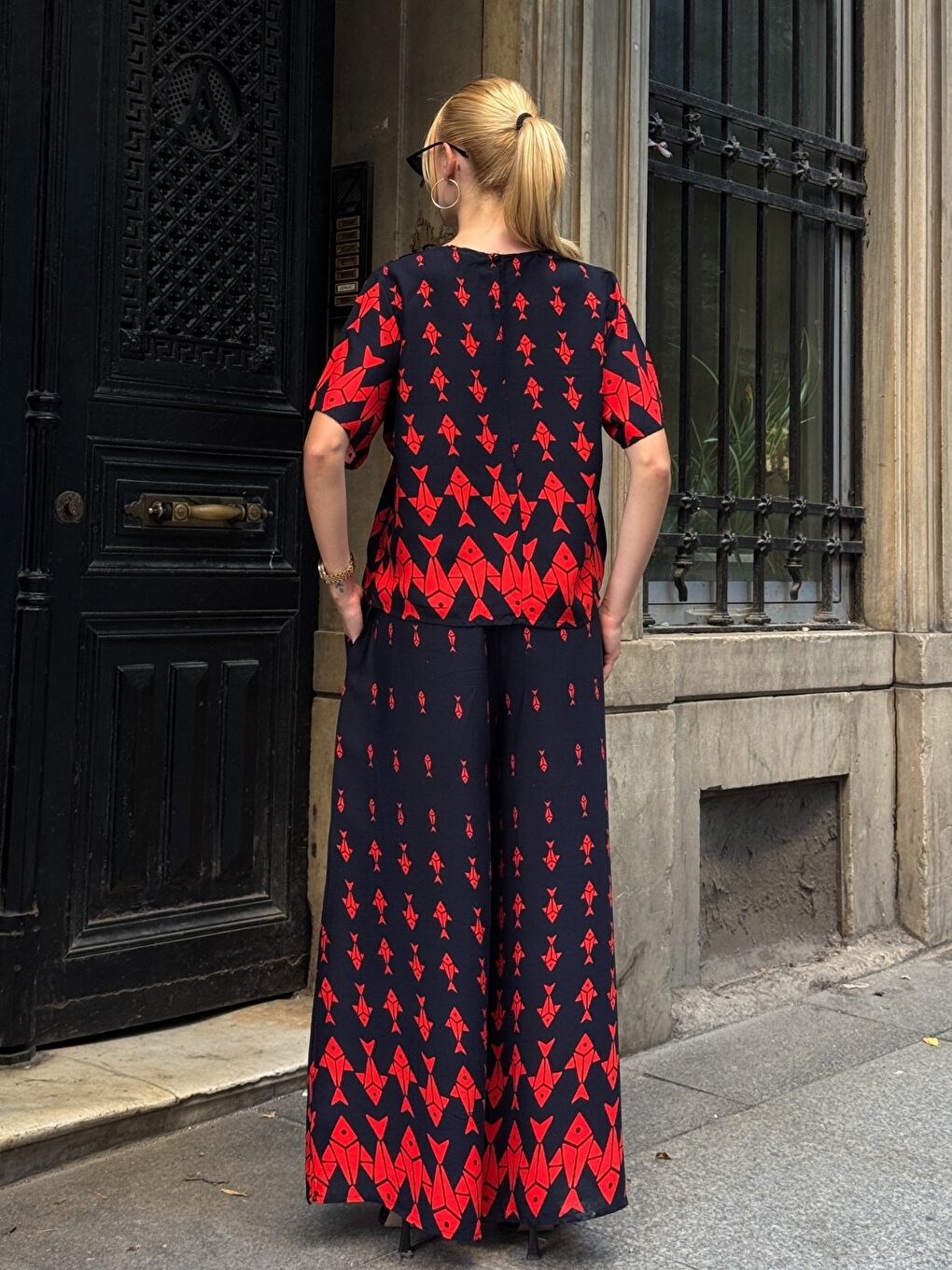 Lacivert Viskon Kumaş Desenli Bol Paça Alt Üst Takım-3