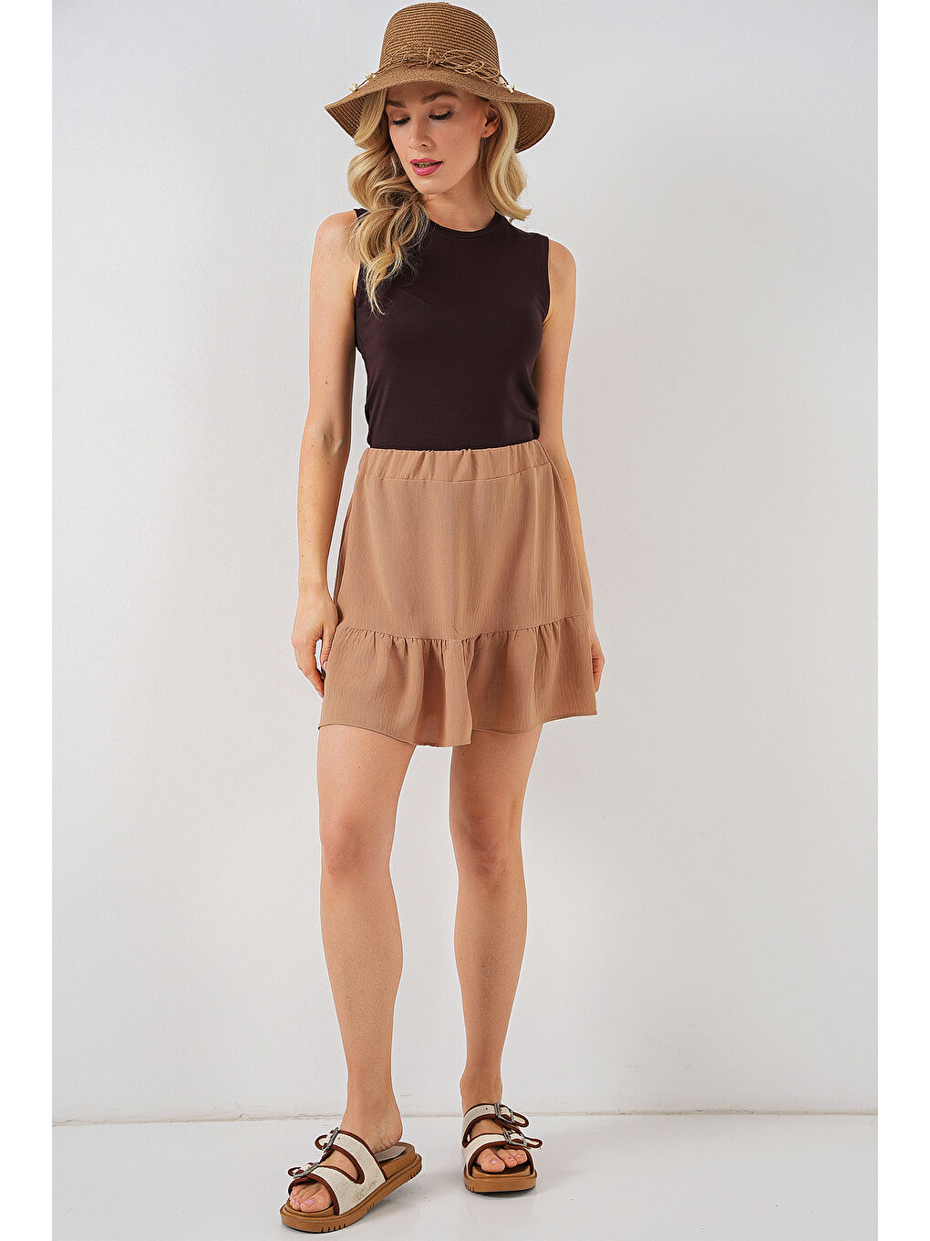 Sarı Kadın Ayrobin Mini Etek 8054 - Camel-1