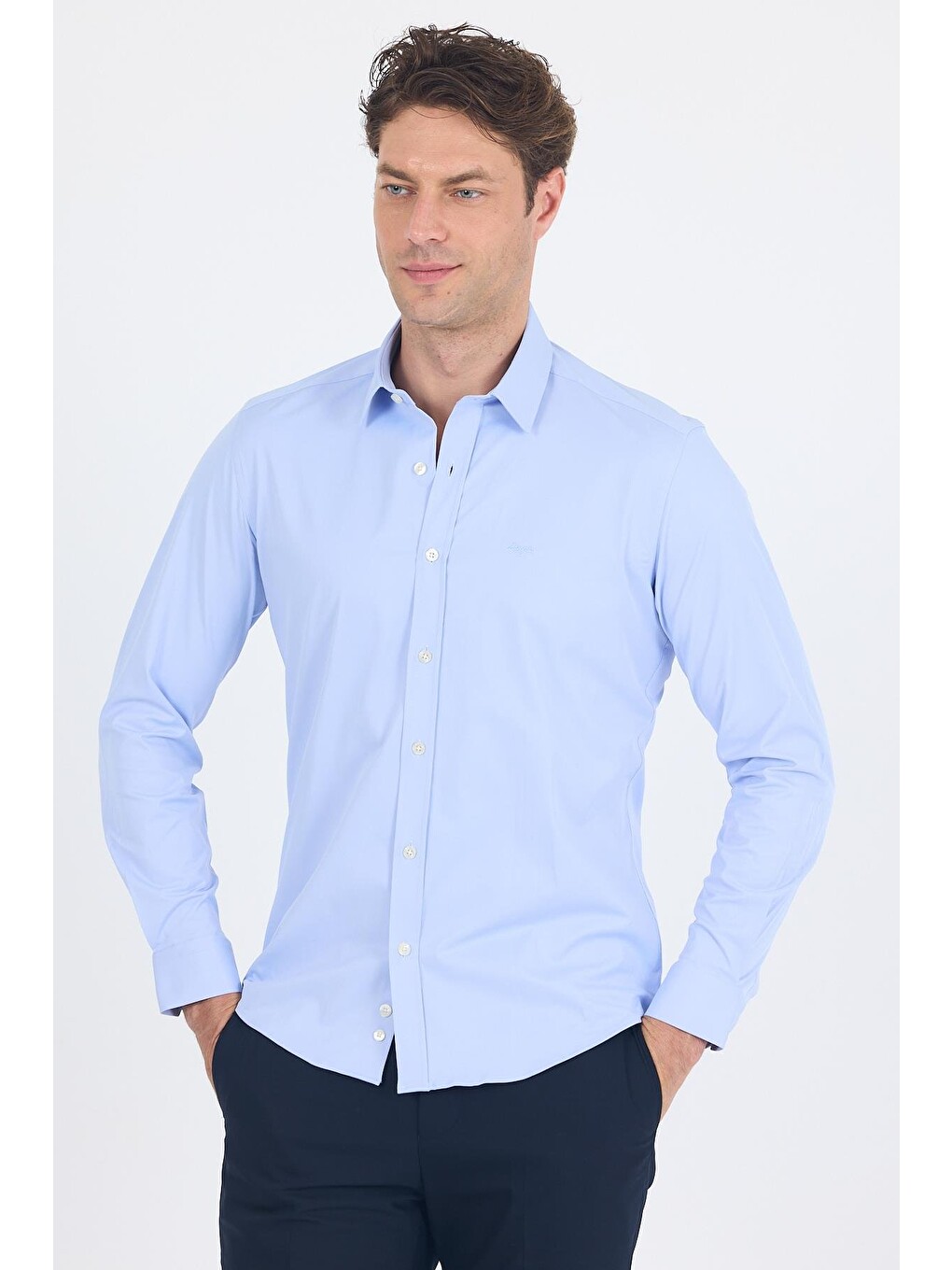 Mavi Uzun Kol Düz Bez Ayağı Sert Yaka Cepsiz Pamuklu Classic Slim Fit Gömlek 1004250211-2