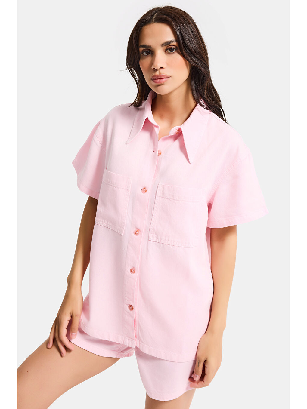 Kadın Light Pembe 6s6-98 Oversize %100 Pamuk Pamuk Denim Gömlek