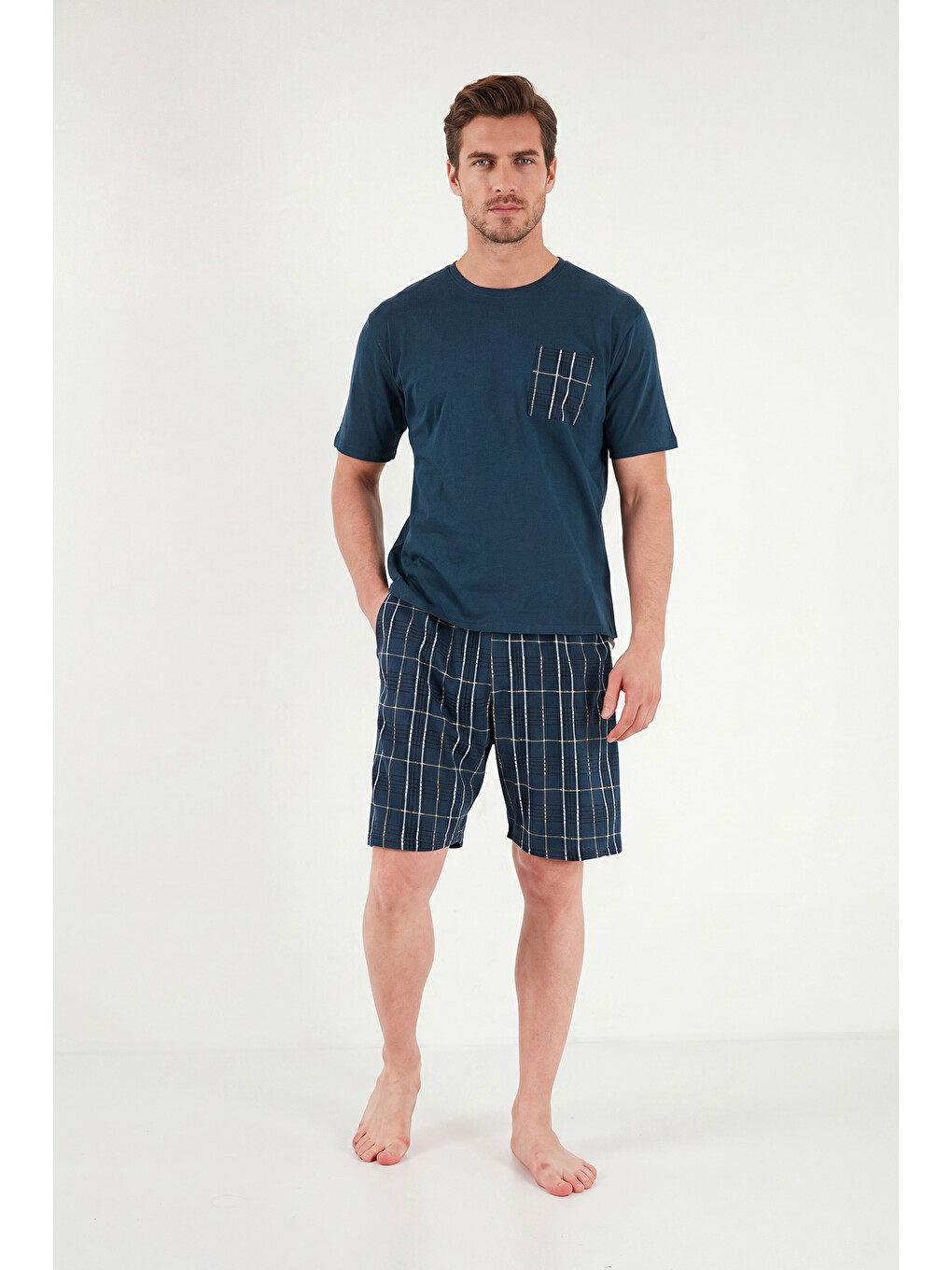 Lacivert Kareli Pamuklu Regular Fit Şortlu Pijama Takımı 6572021-1