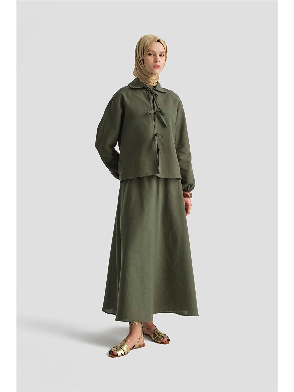 Fiyonk Detaylı 3'Lü Keten Takım 25Y6049 Haki-1