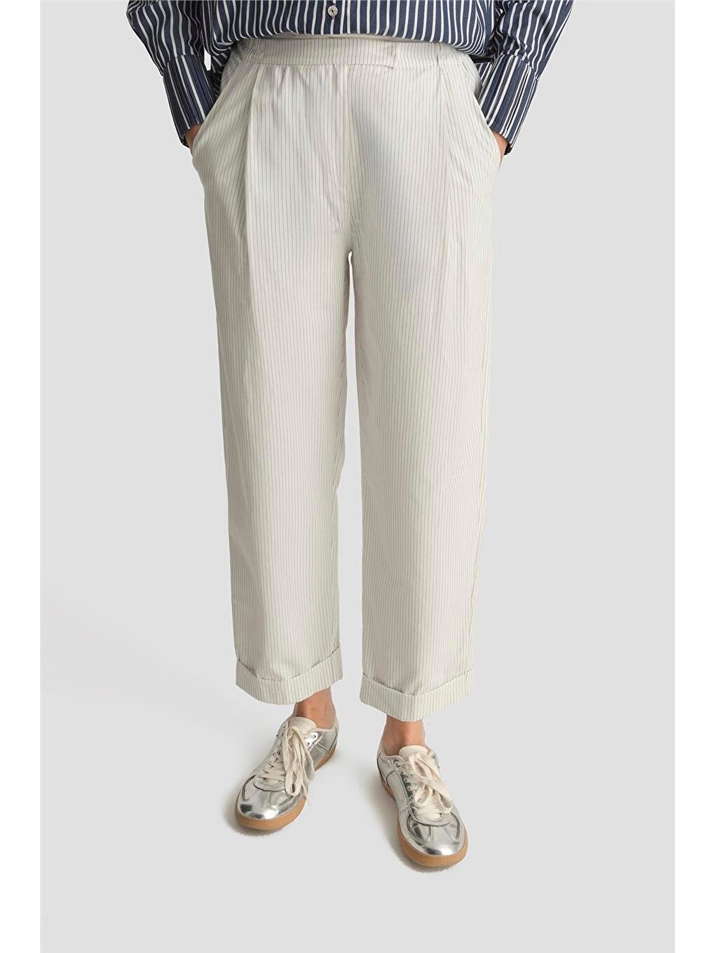 Beli Lastikli Pamuk Pantolon 25Y2808 Beyaz-2