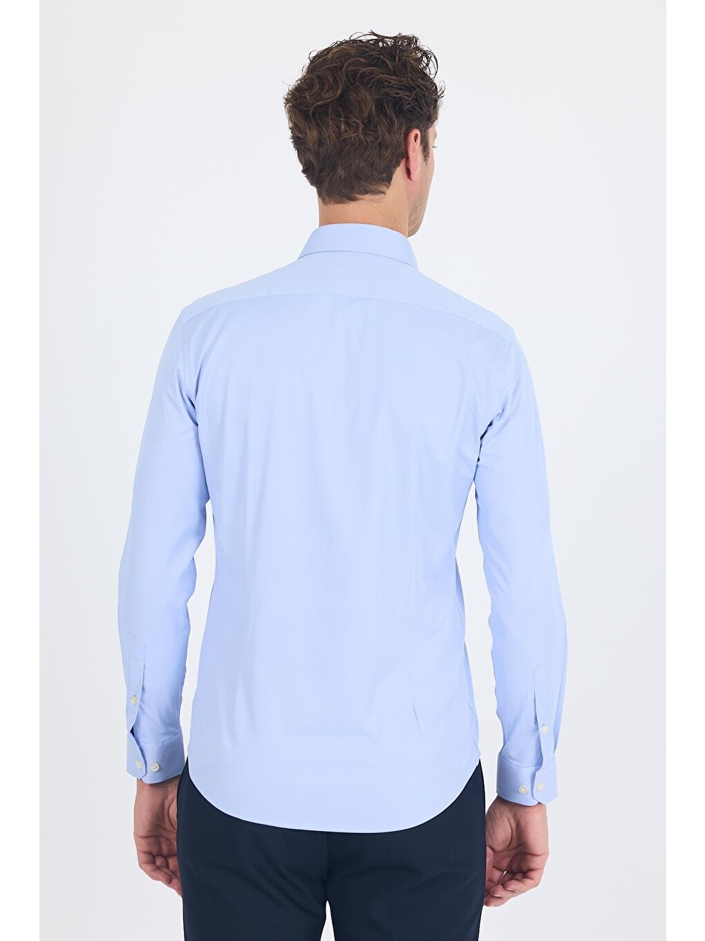 Mavi Uzun Kol Düz Bez Ayağı Sert Yaka Cepsiz Pamuklu Classic Slim Fit Gömlek 1004250211-4