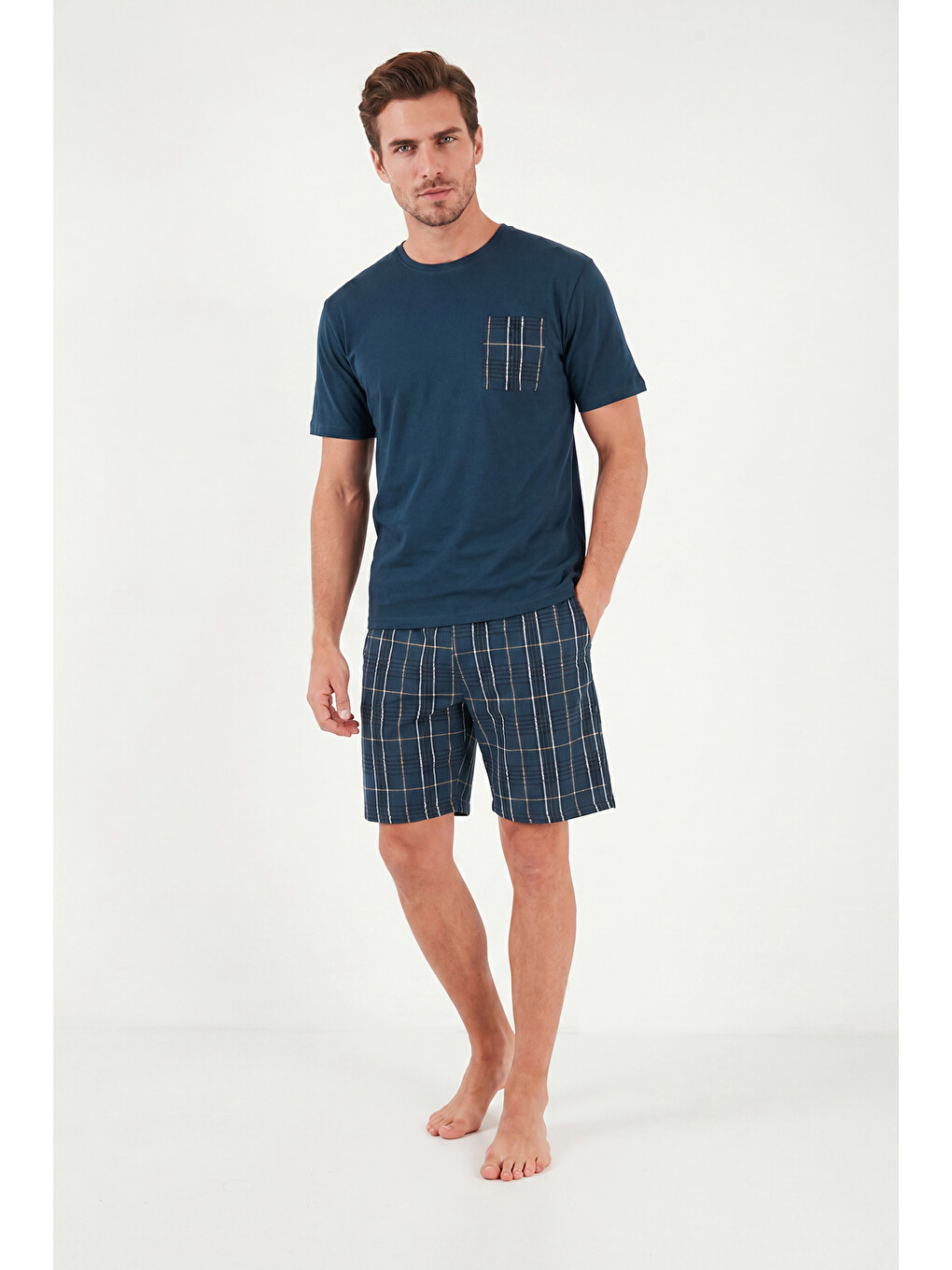 Lacivert Kareli Pamuklu Regular Fit Şortlu Pijama Takımı 6572021-2