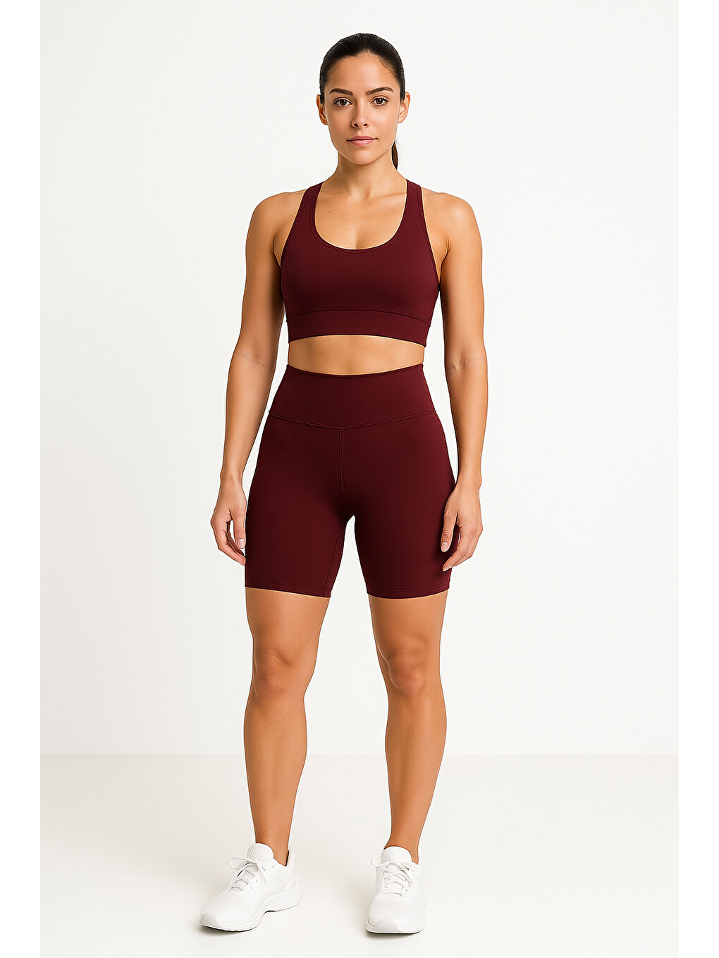 Bordo Yüksek Bel Toparlayıcı Kadın Spor Kısa Tayt