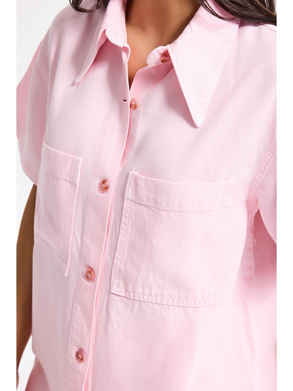 Kadın Light Pembe 6s6-98 Oversize %100 Pamuk Pamuk Denim Gömlek-1