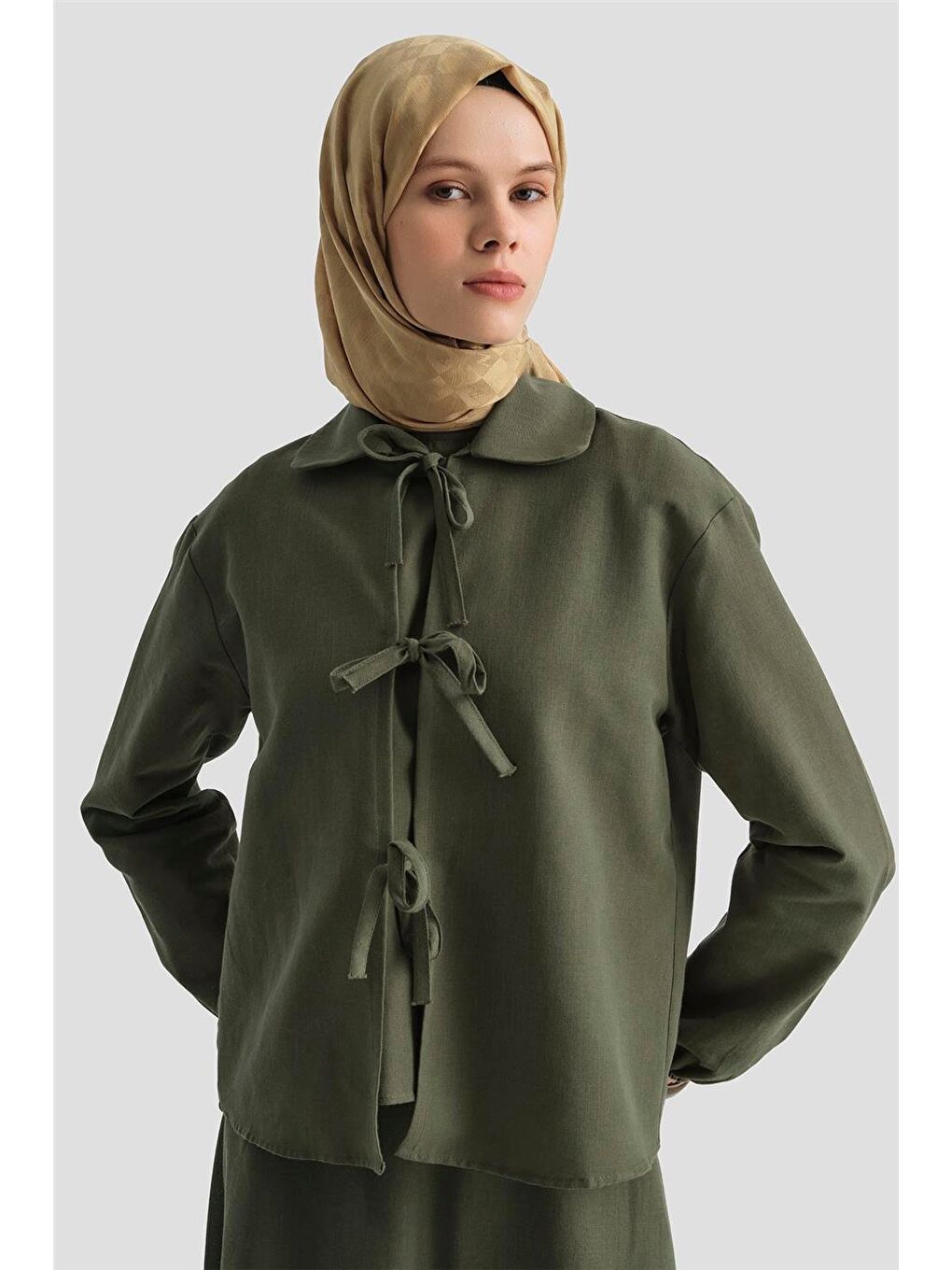 Fiyonk Detaylı 3'Lü Keten Takım 25Y6049 Haki-2