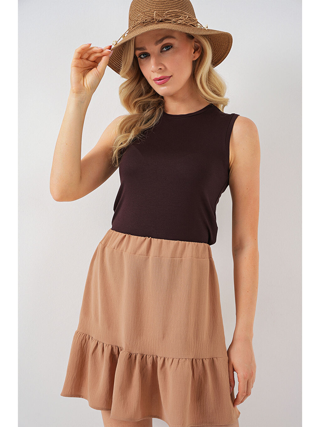 Sarı Kadın Ayrobin Mini Etek 8054 - Camel-3