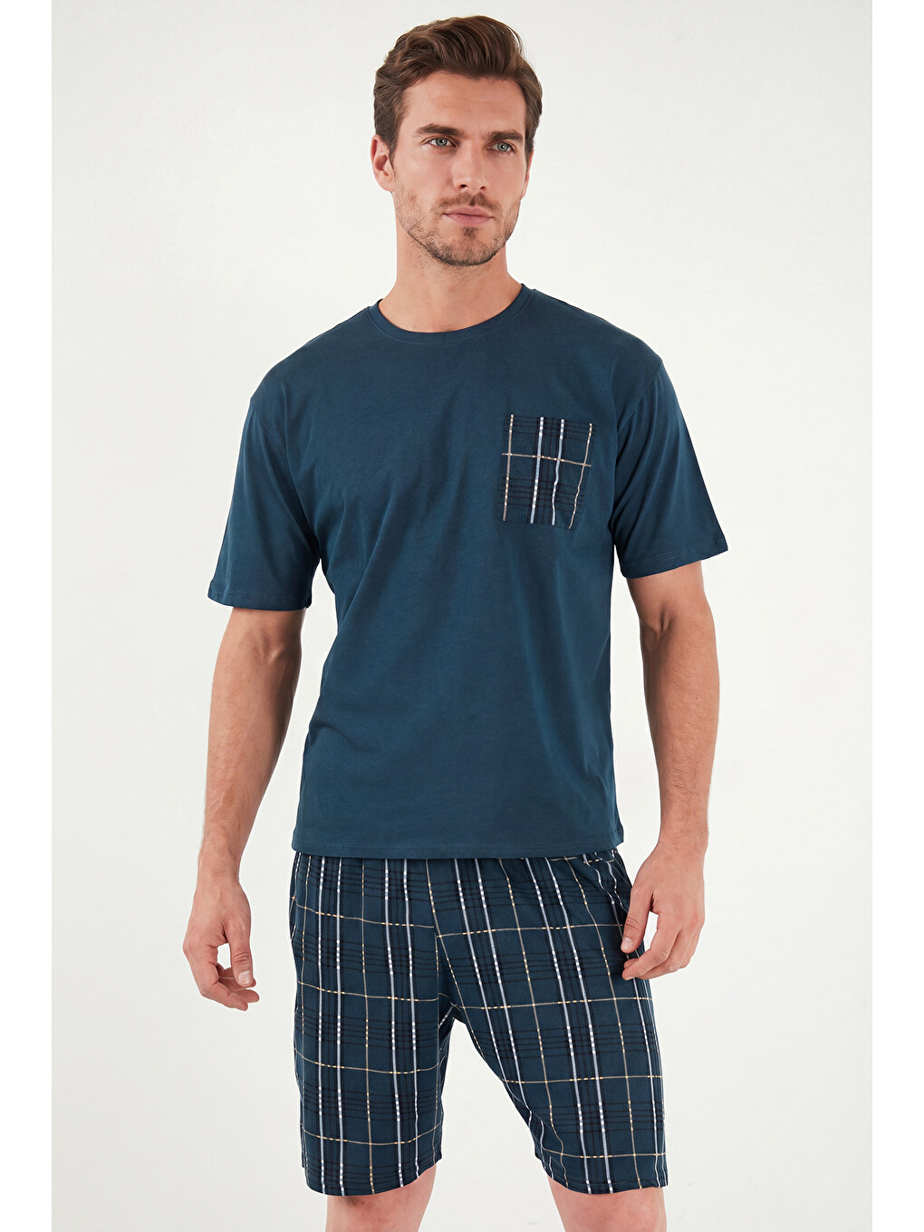 Lacivert Kareli Pamuklu Regular Fit Şortlu Pijama Takımı 6572021-3