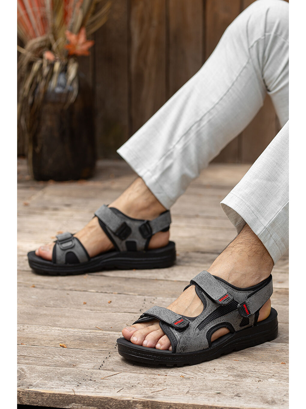 Gri Sandalo Günlük Ortopedik Confort Erkek Sandalet-2