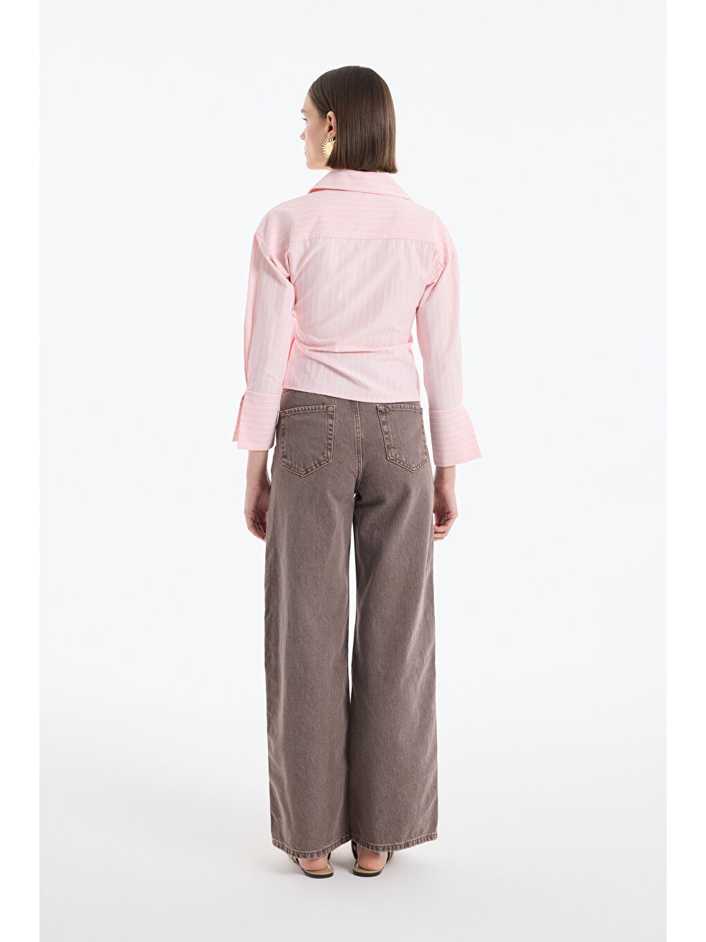 Kruvaze Bağlamalı Çizgili Bluz Pembe-4