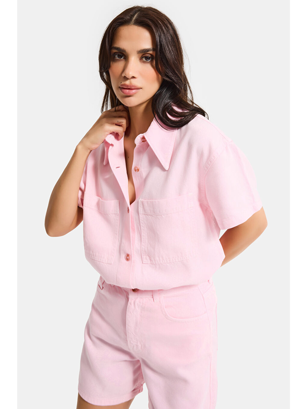 Kadın Light Pembe 6s6-98 Oversize %100 Pamuk Pamuk Denim Gömlek-2