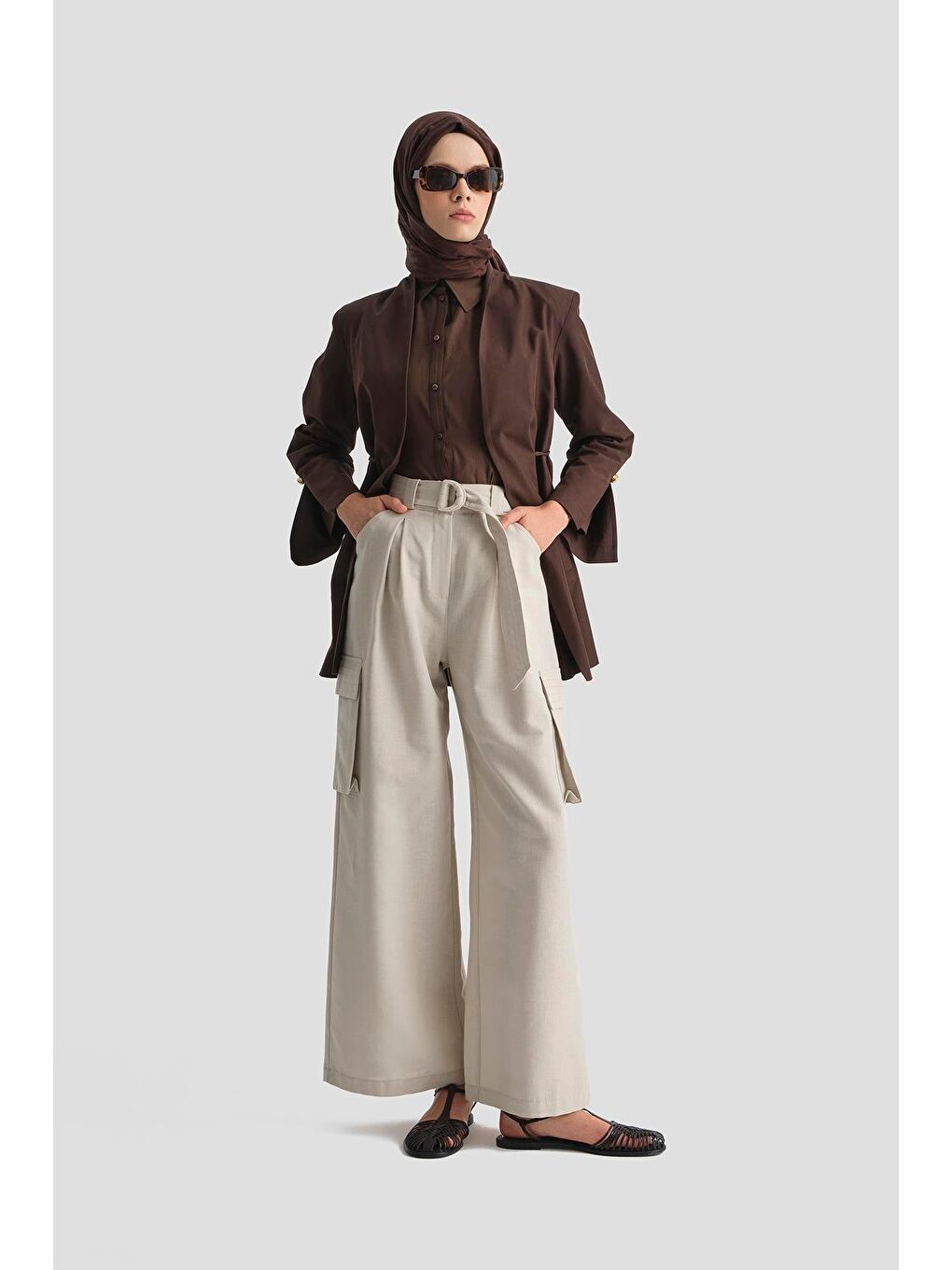 Ekru Kargo Cepli Keten Pantolon 25Y2823 Taş-1