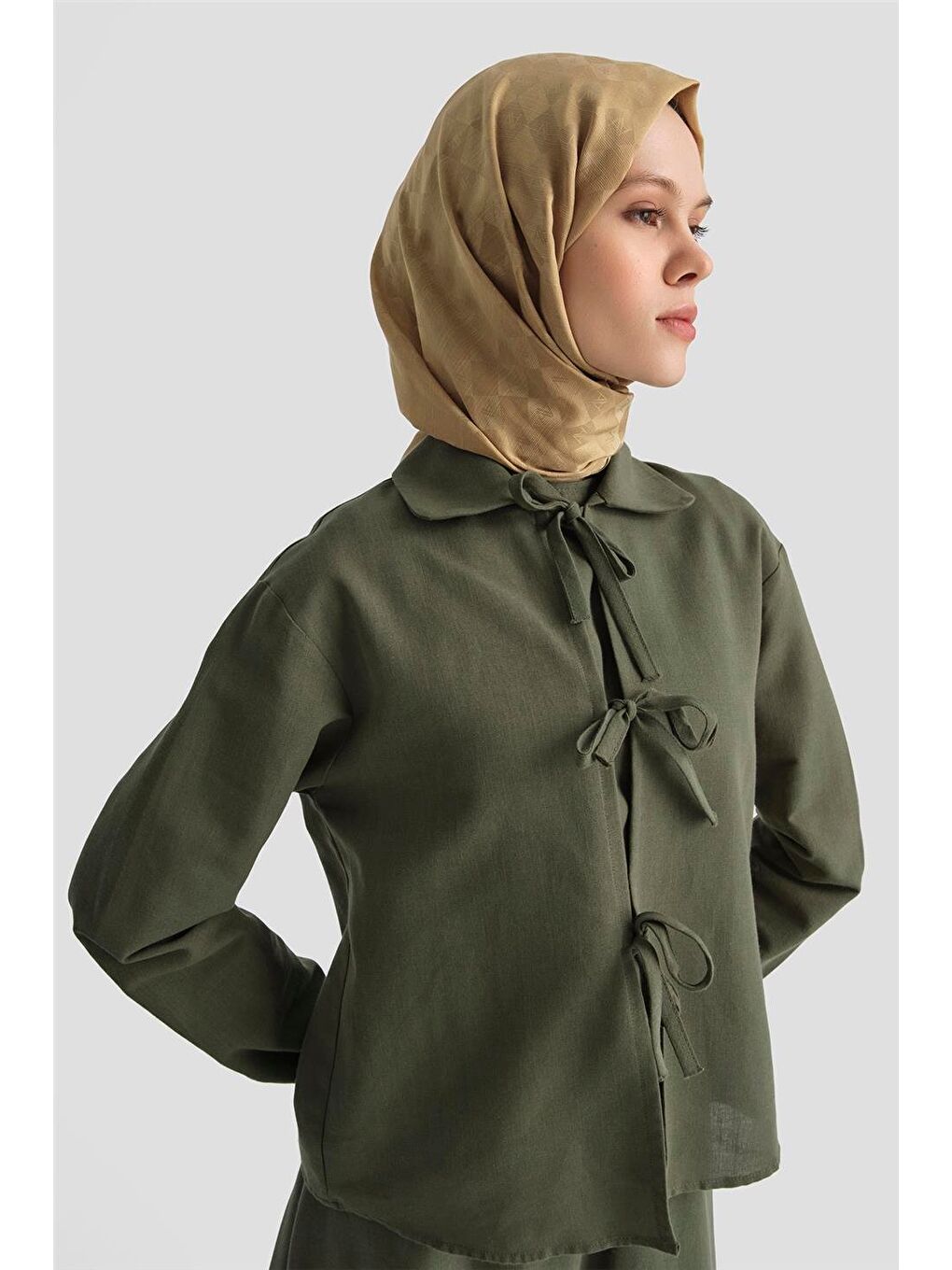 Fiyonk Detaylı 3'Lü Keten Takım 25Y6049 Haki-3