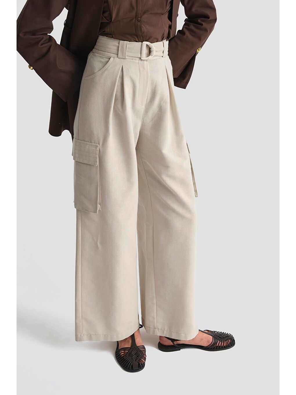 Ekru Kargo Cepli Keten Pantolon 25Y2823 Taş-2