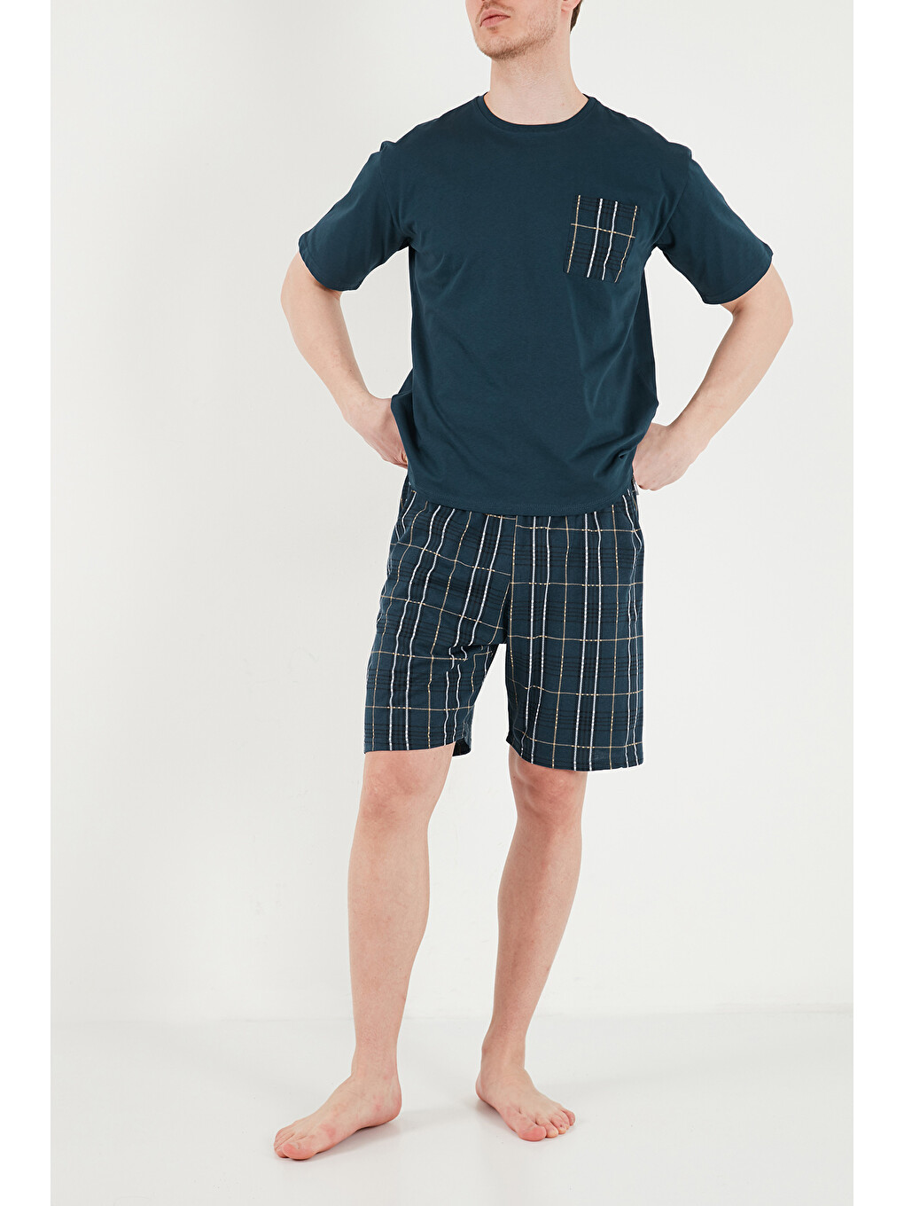 Lacivert Kareli Pamuklu Regular Fit Şortlu Pijama Takımı 6572021-5