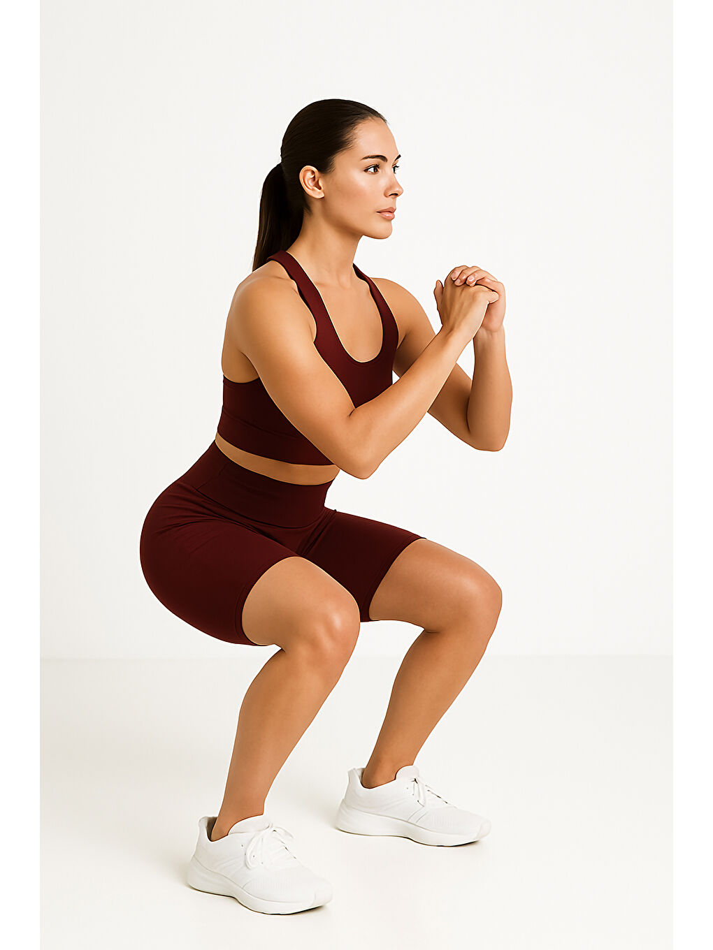 Bordo Yüksek Bel Toparlayıcı Kadın Spor Kısa Tayt-2