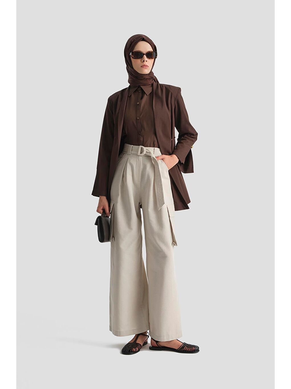 Ekru Kargo Cepli Keten Pantolon 25Y2823 Taş-3