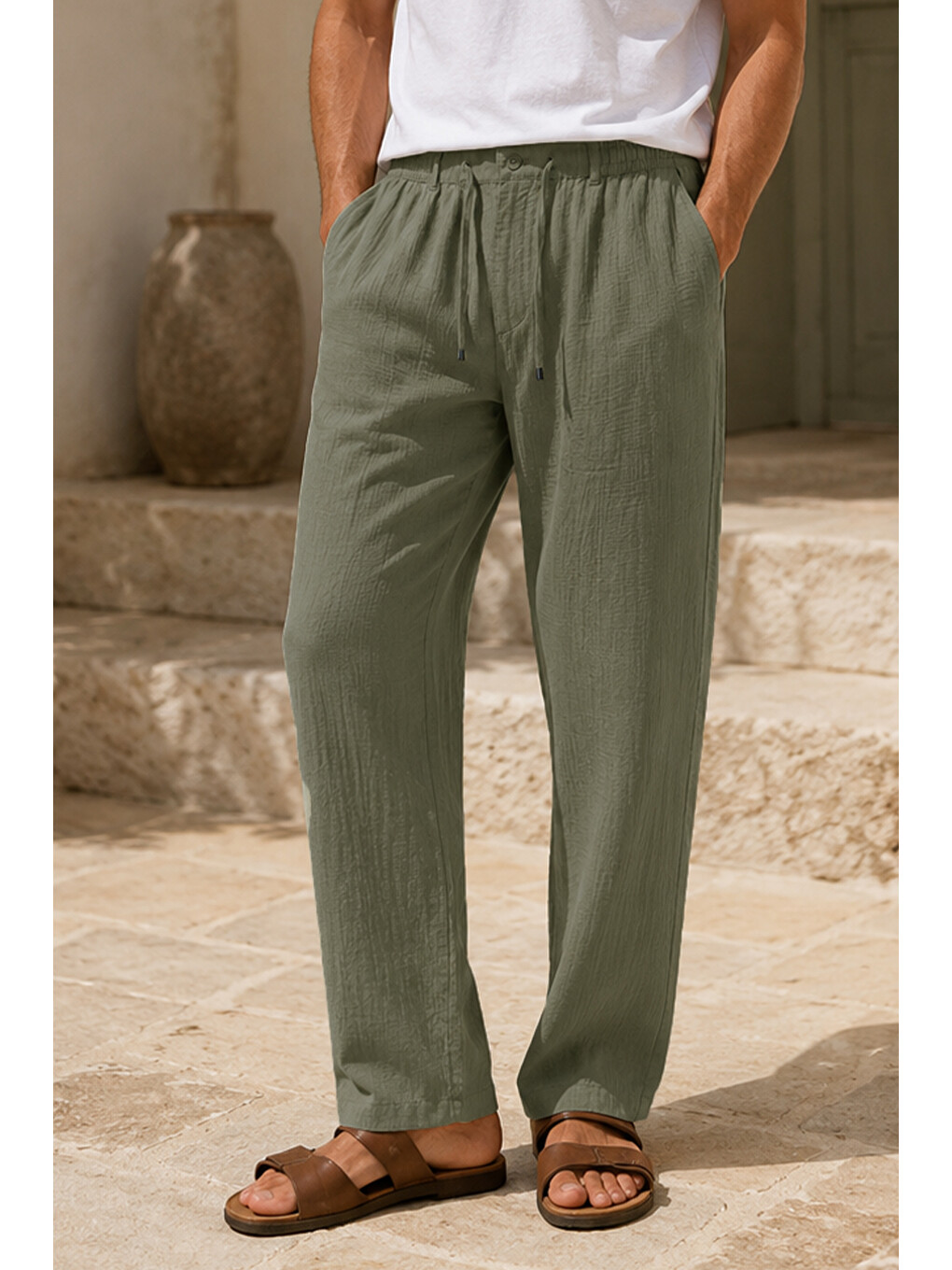 Erkek Haki Regular Fit Müslin Pantolon
