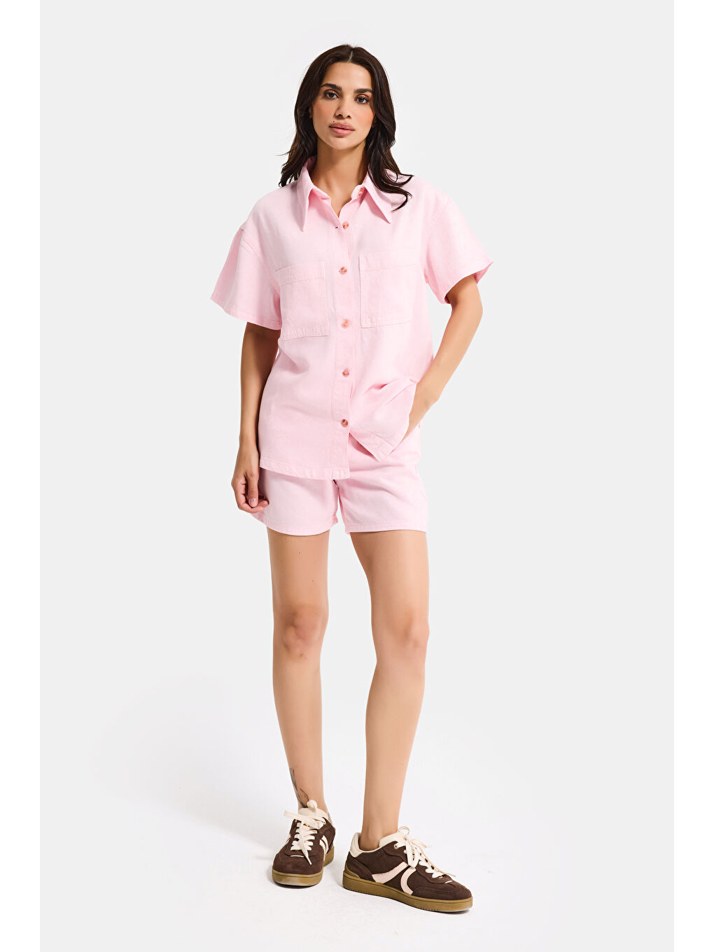Kadın Light Pembe 6s6-98 Oversize %100 Pamuk Pamuk Denim Gömlek-4