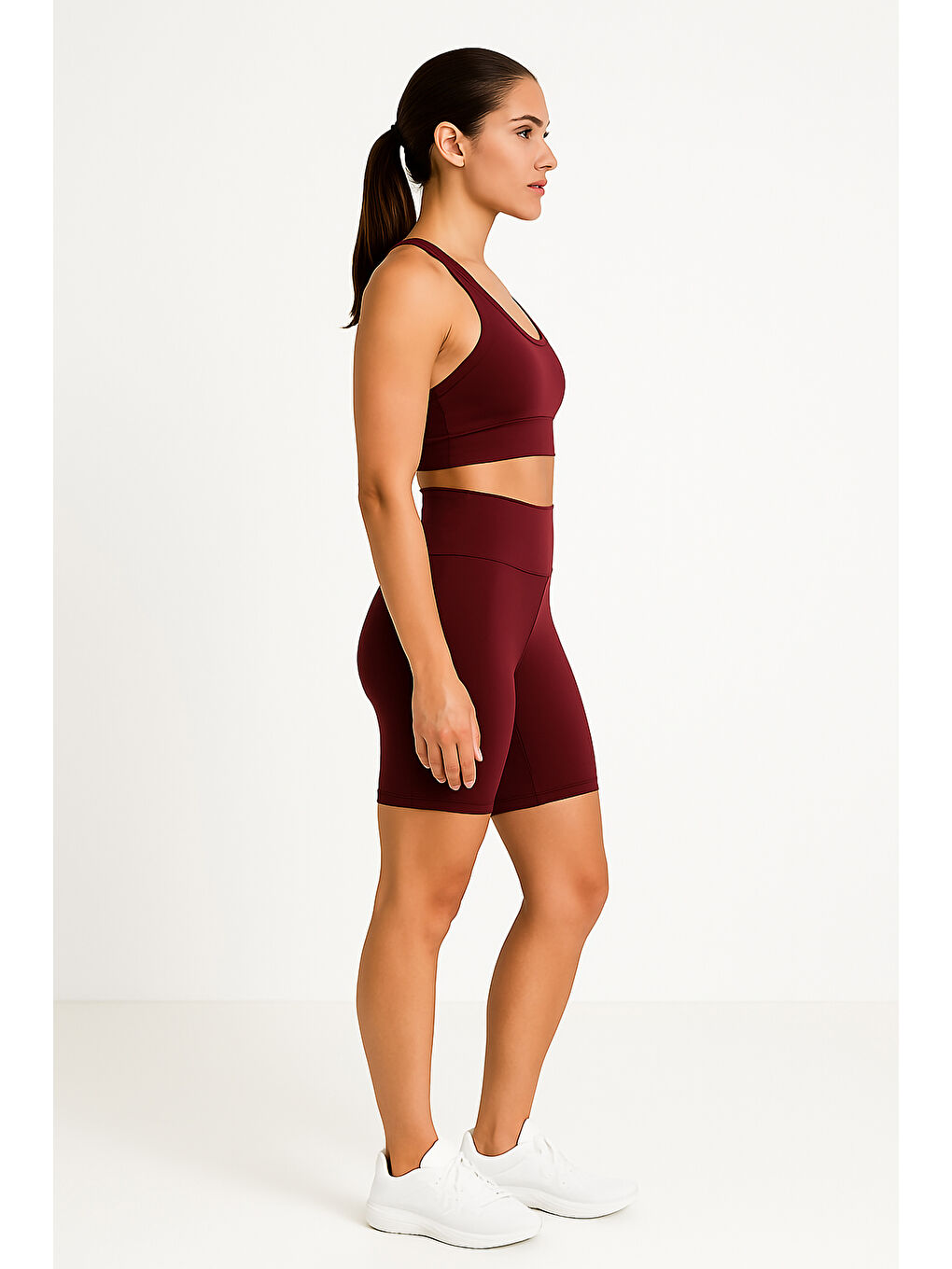 Bordo Yüksek Bel Toparlayıcı Kadın Spor Kısa Tayt-3