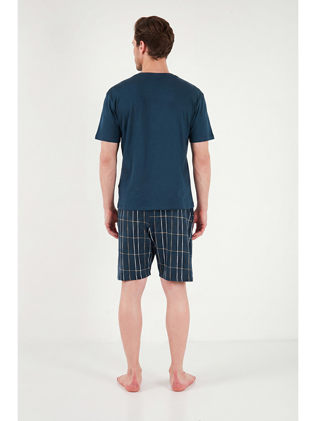 Lacivert Kareli Pamuklu Regular Fit Şortlu Pijama Takımı 6572021-6